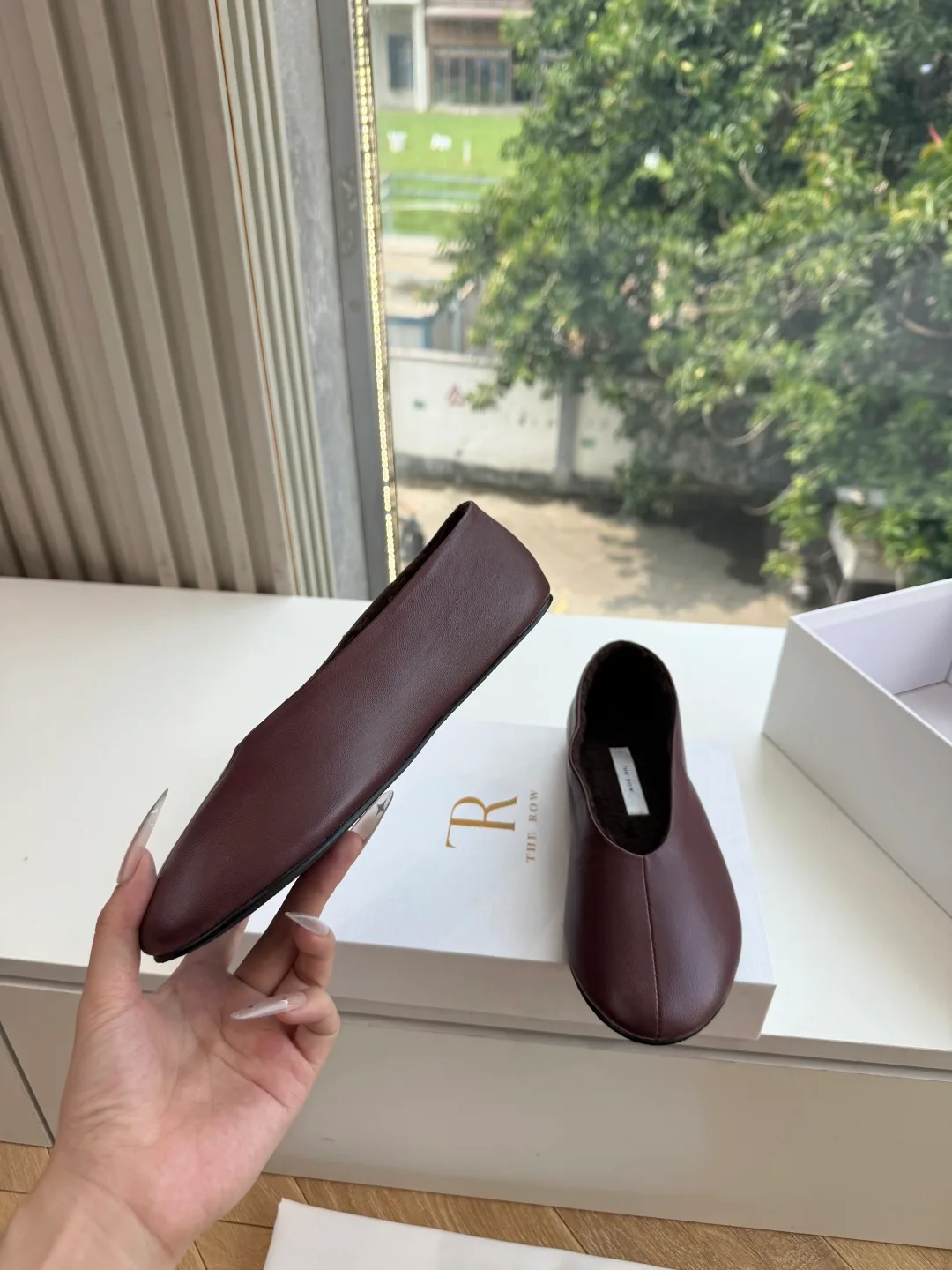 The Row Cowhide Matte Square-Toe Slippers in Burgundy · view 4