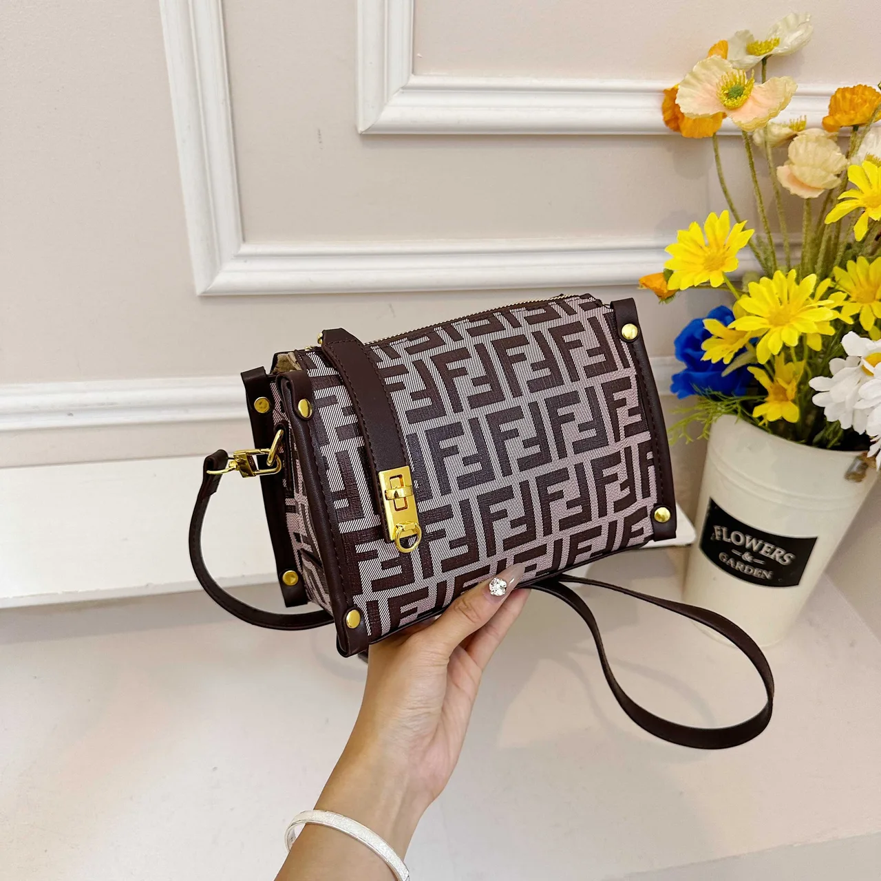 Fendi FF Box Crossbody Bag in Brown & Black & White · view 3