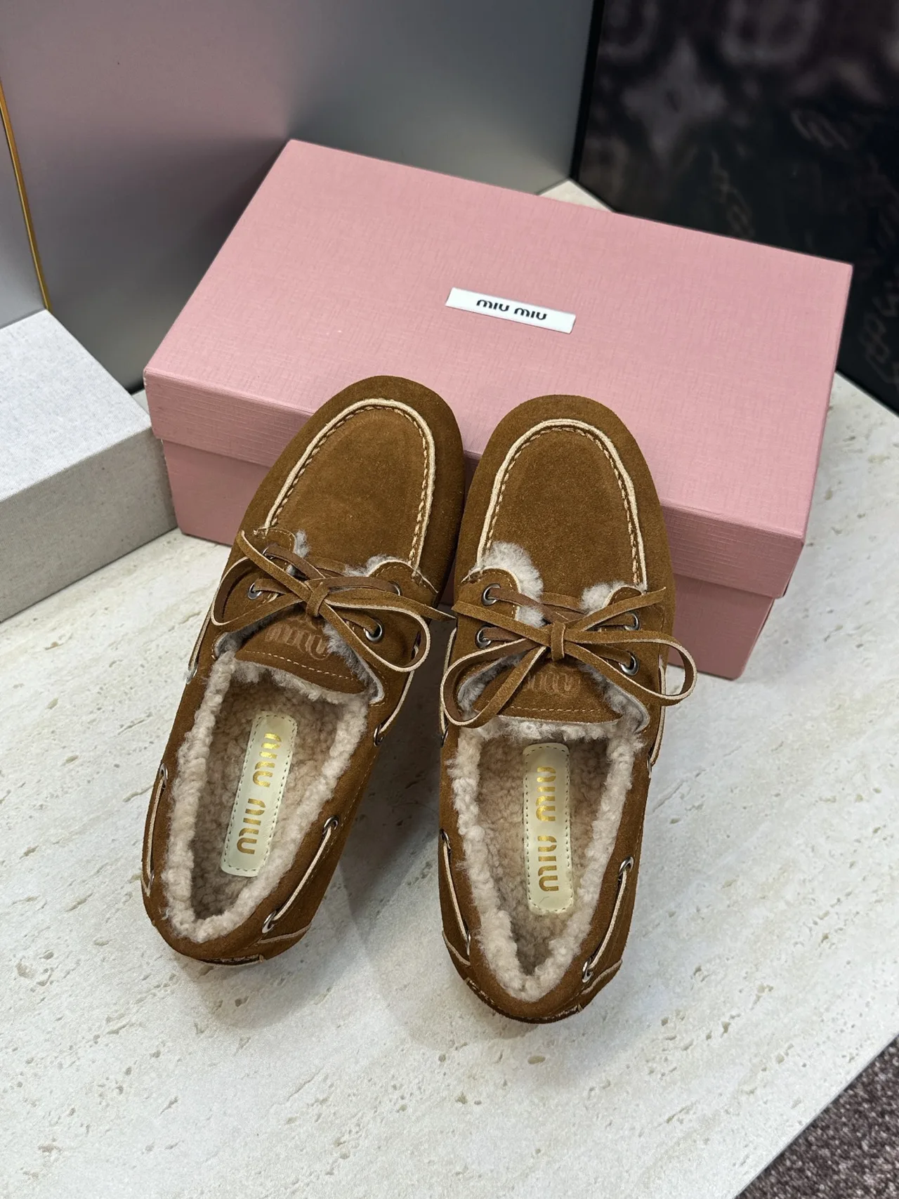 Miu Miu Calfskin Suede-Look Lined Moccasins in Brown · view 4