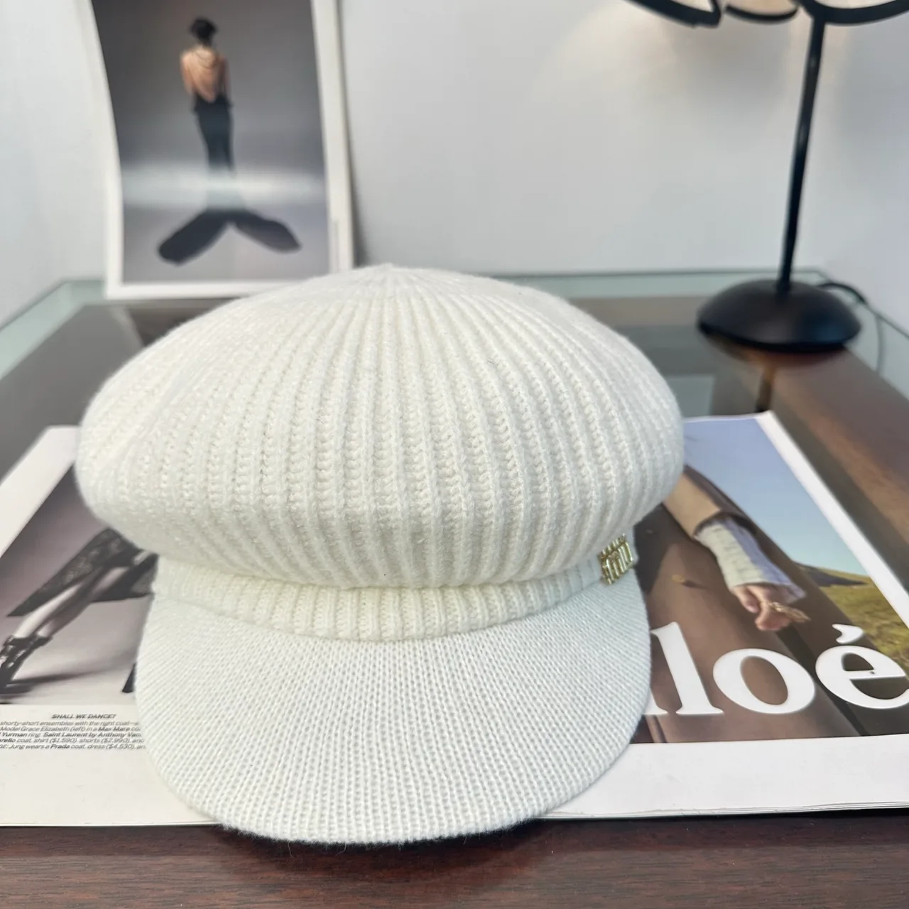 Miu Miu Ribbed Newsboy Cap in White · view 2