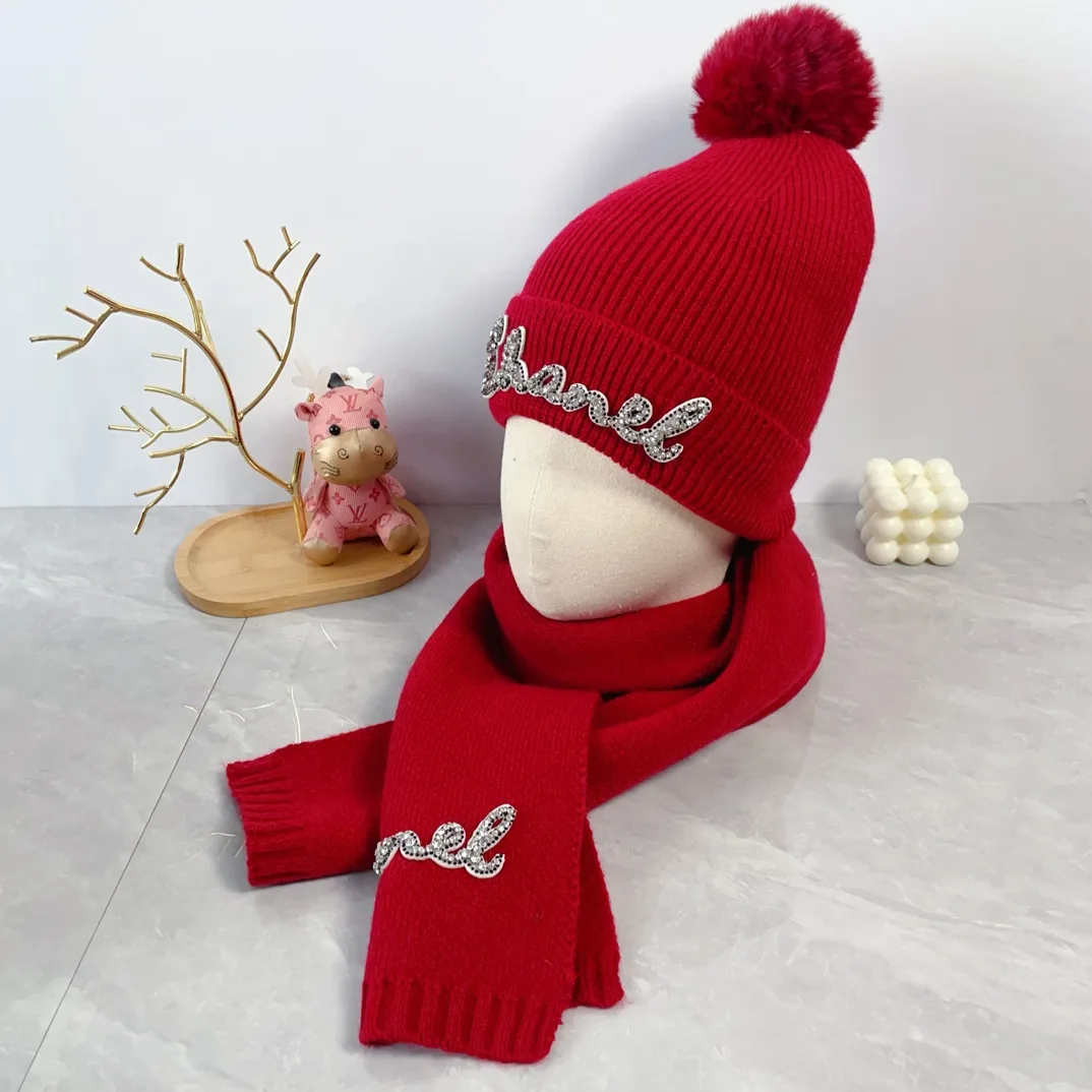 Chanel Wool Ribbed Embroidered Pom-Pom Hat and Scarf Set in Red · view 2