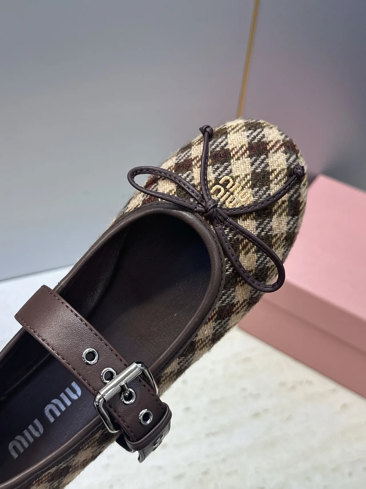 Miu Miu Calfskin Check Round-Toe Mary Jane Flats in Brown · view 6