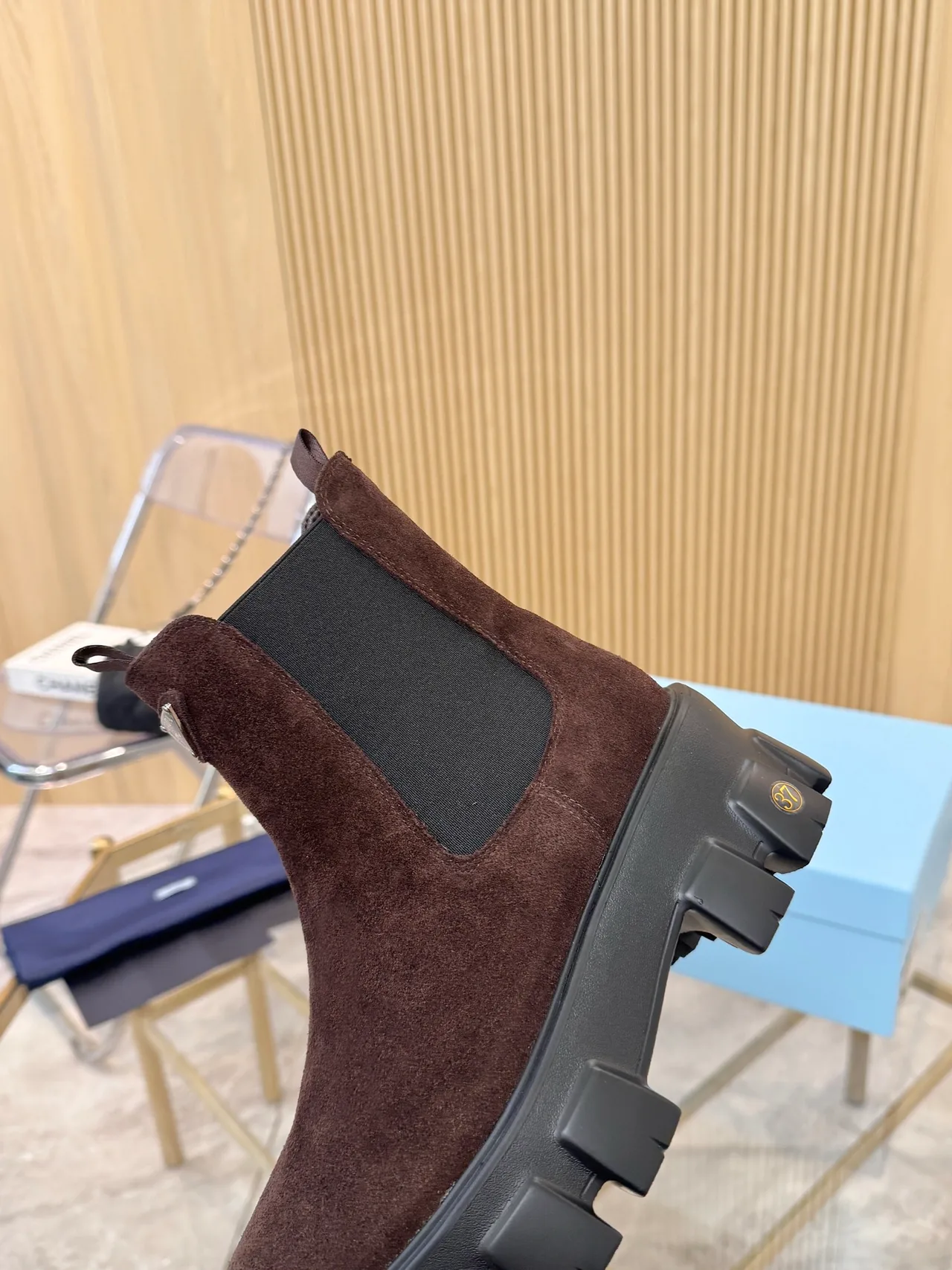 Prada Suede-Look Chelsea Boots in Brown · view 7