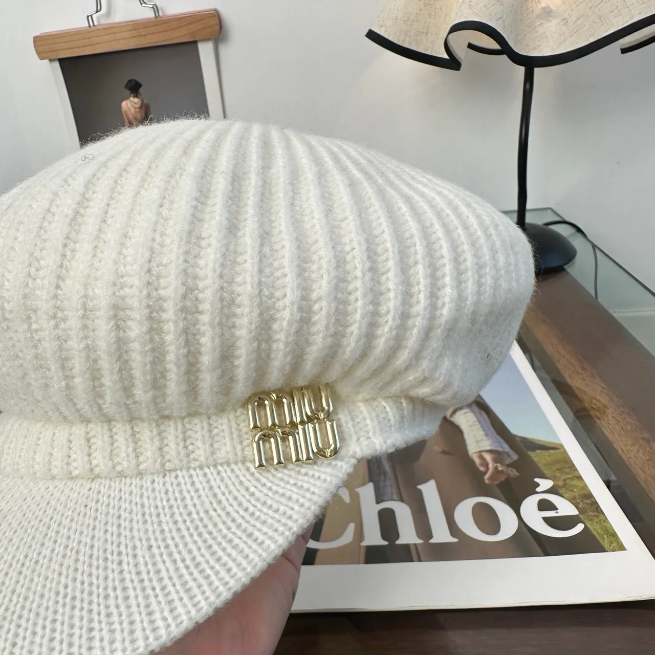 Miu Miu Ribbed Newsboy Cap in White · view 7