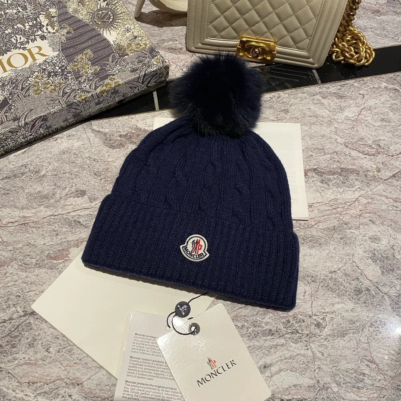 Moncler Pom-Pom Beanie in Black & White & Grey & Tan & Blue & Burgundy & Cream & Pink · view 5