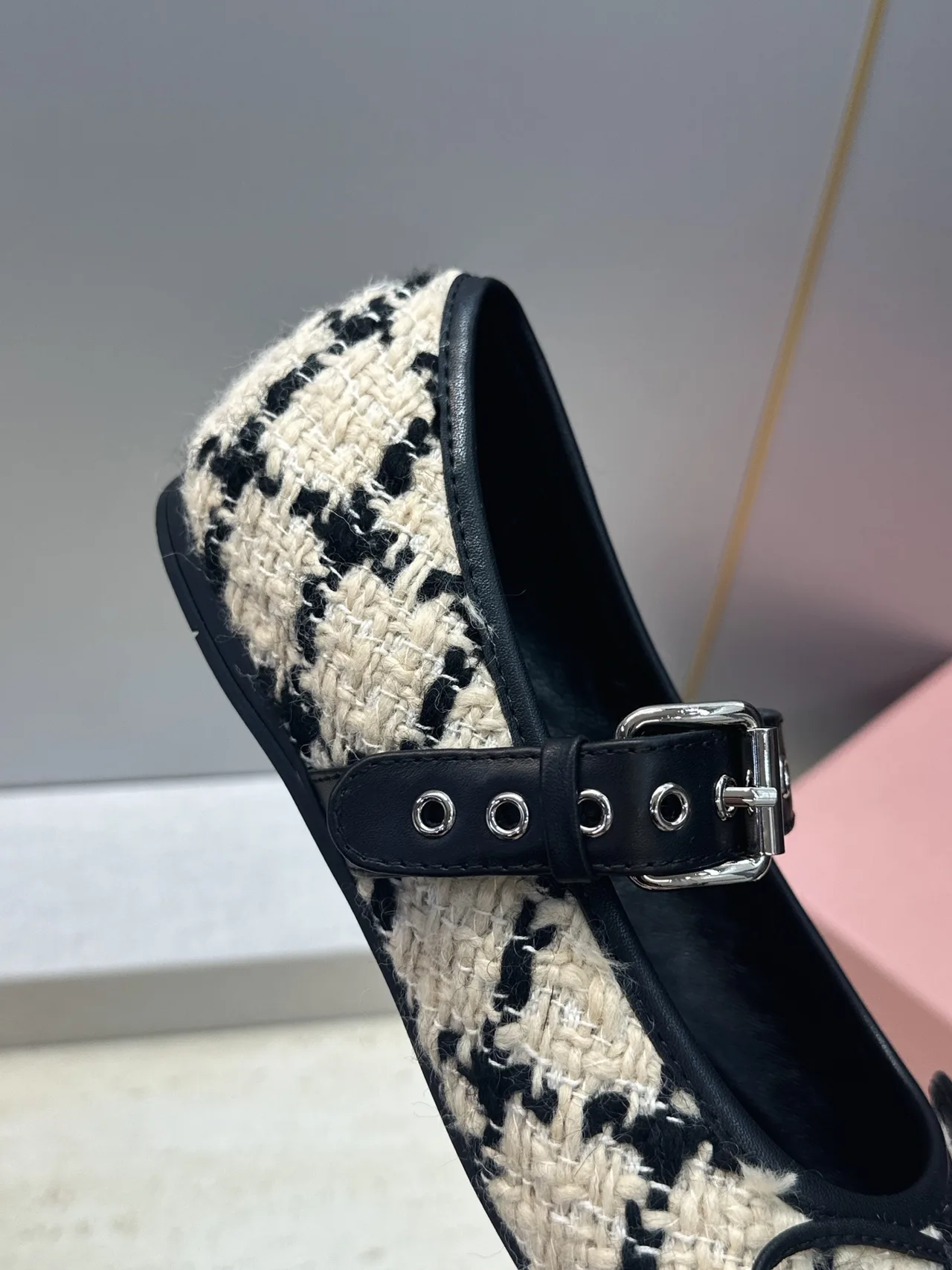 Miu Miu Calfskin Check Square-Toe Round-Toe Mary Jane Flats in Black · view 8