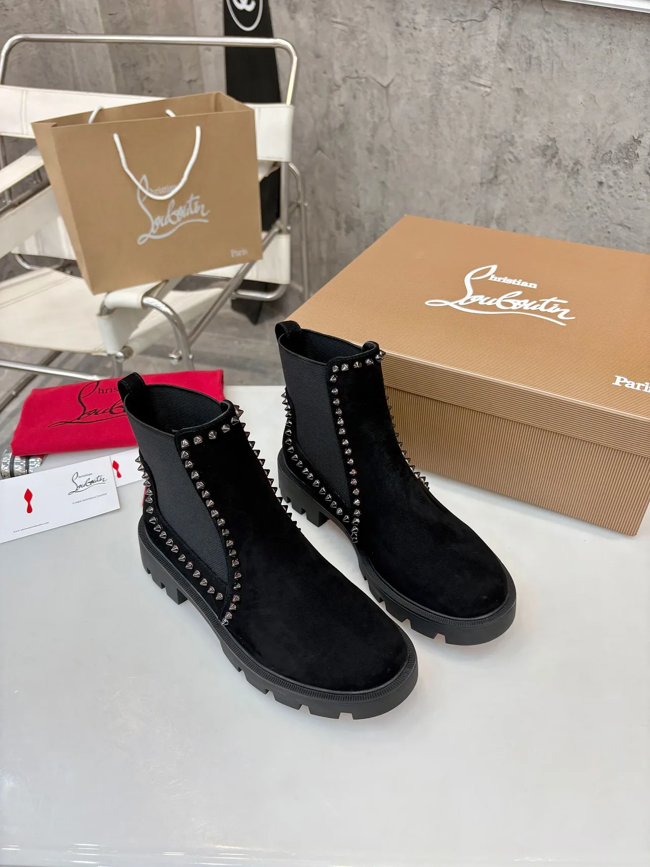 Christian Louboutin Studded Chelsea Boots in Black & Brown & Grey · view 3