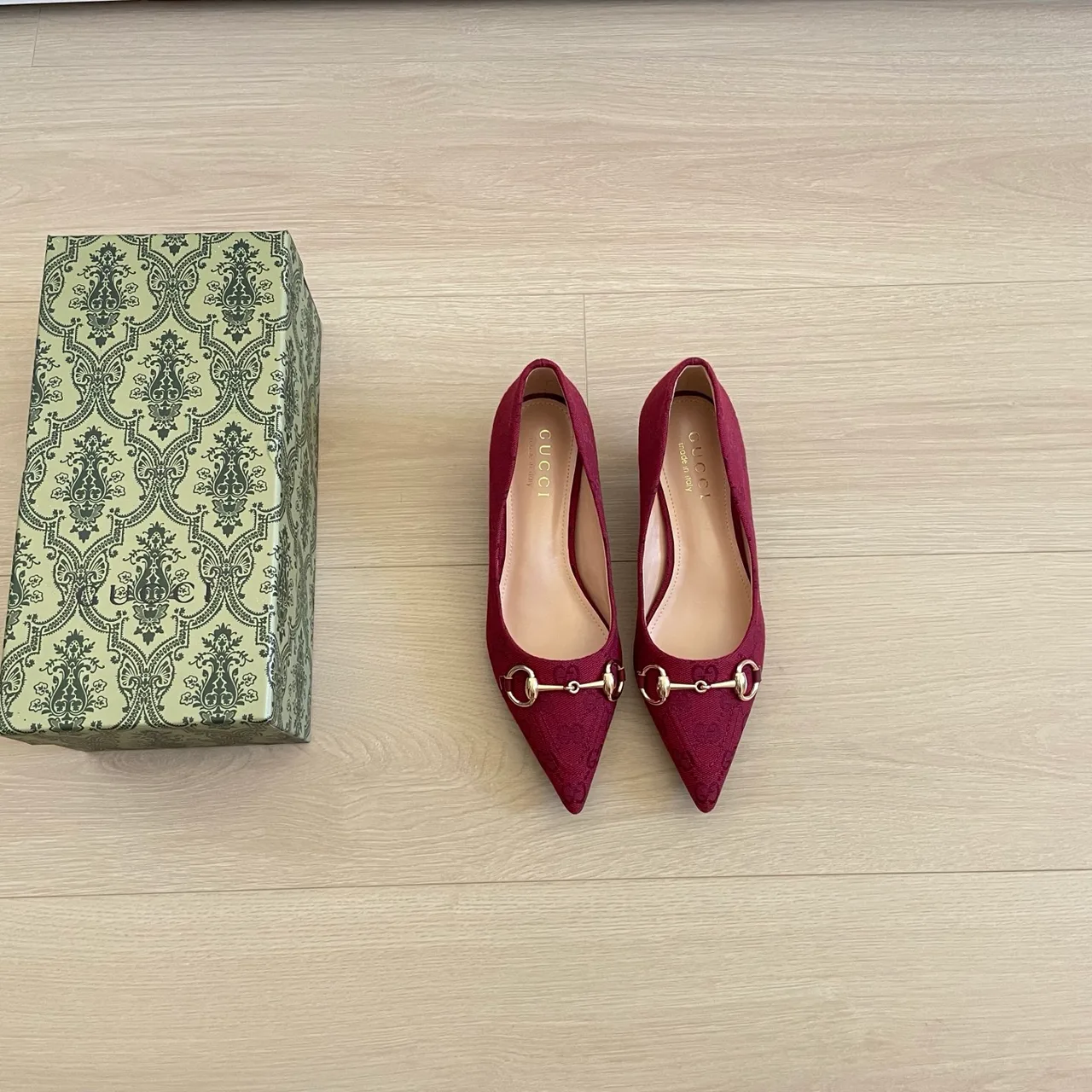 Gucci Canvas Smooth Pointed-Toe Horsebit Kitten Heel Pumps in Burgundy · view 1