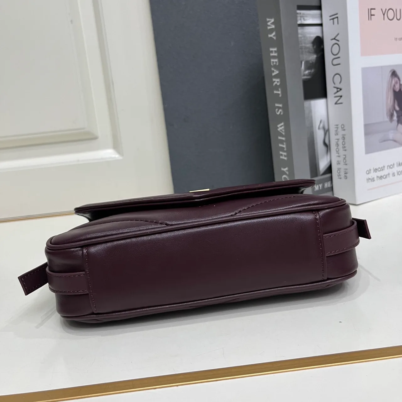 Saint Laurent Sheepskin Quilted Glossy Crossbody Bag in Burgundy · view 7