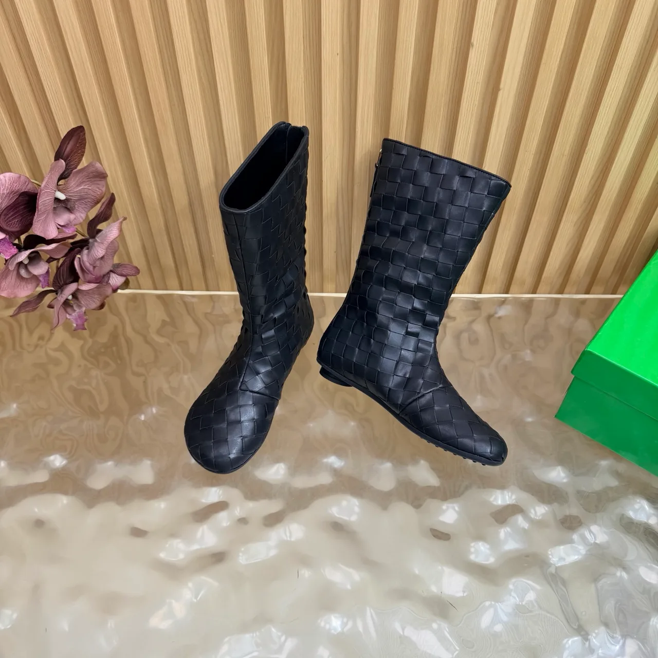 Bottega Veneta Quilted Woven Pointed-Toe Ankle Boots in Black · view 7