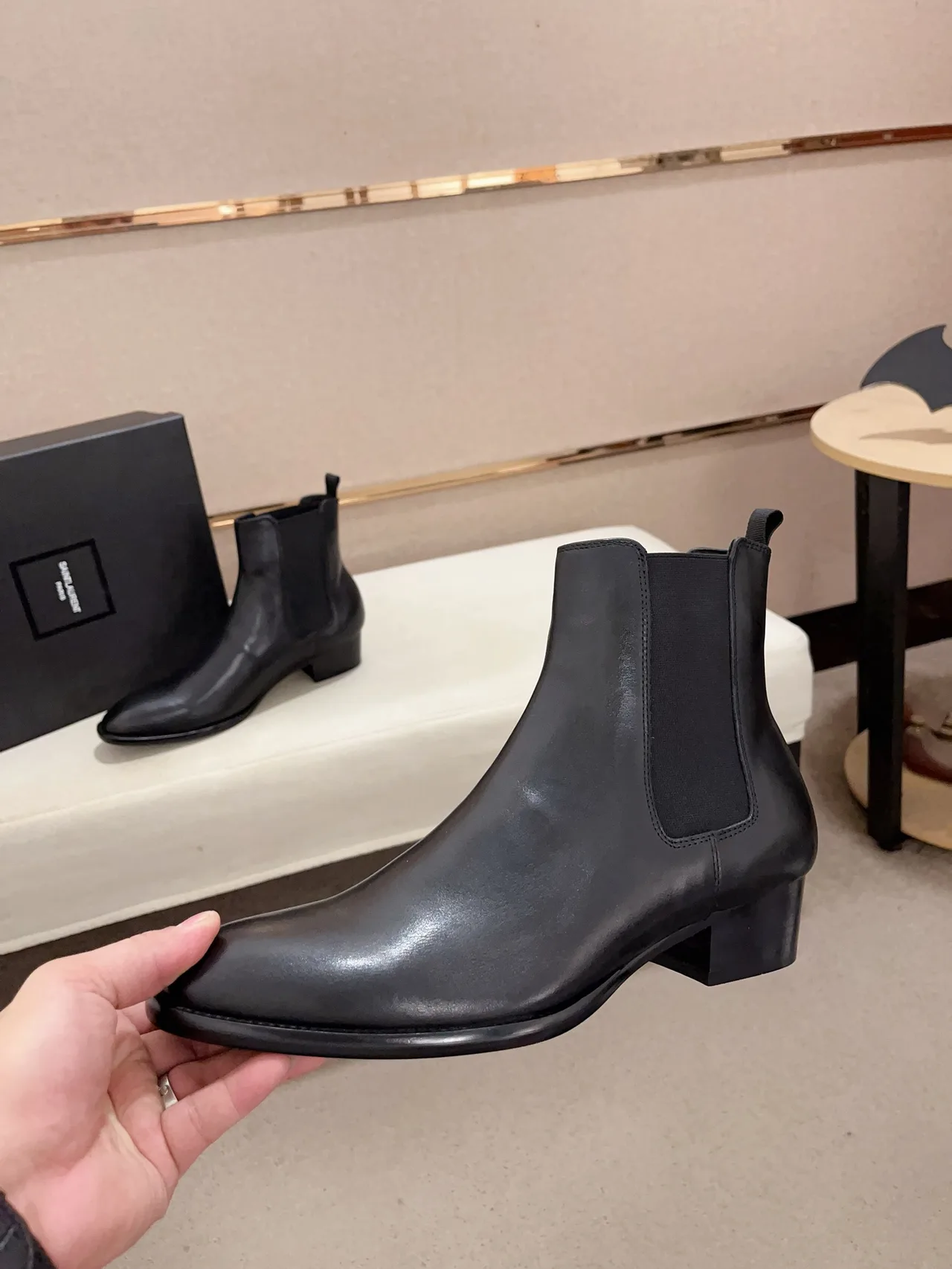Saint Laurent Cowhide Glossy Pointed-Toe Chelsea Boots in Black · view 4