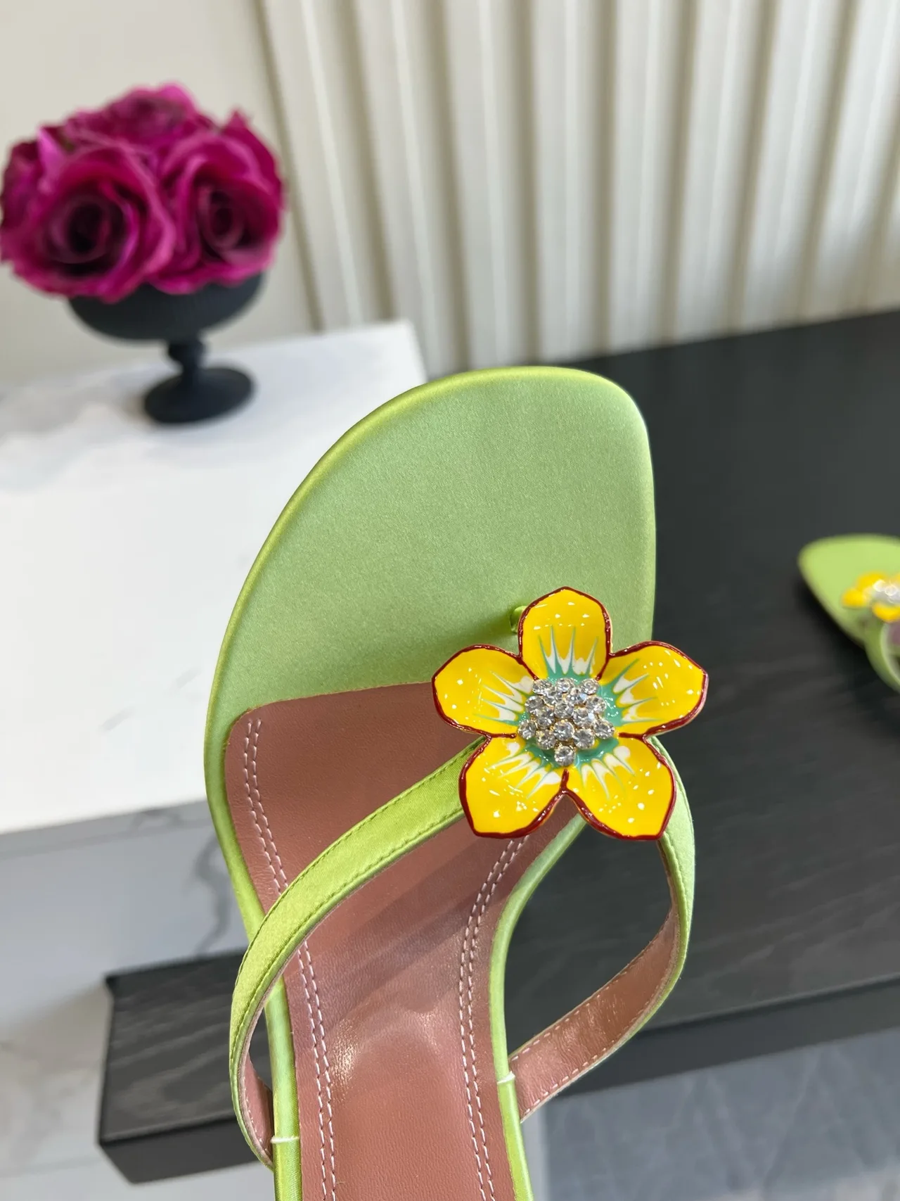 Amina Muaddi Silk Sandals in Green · view 7