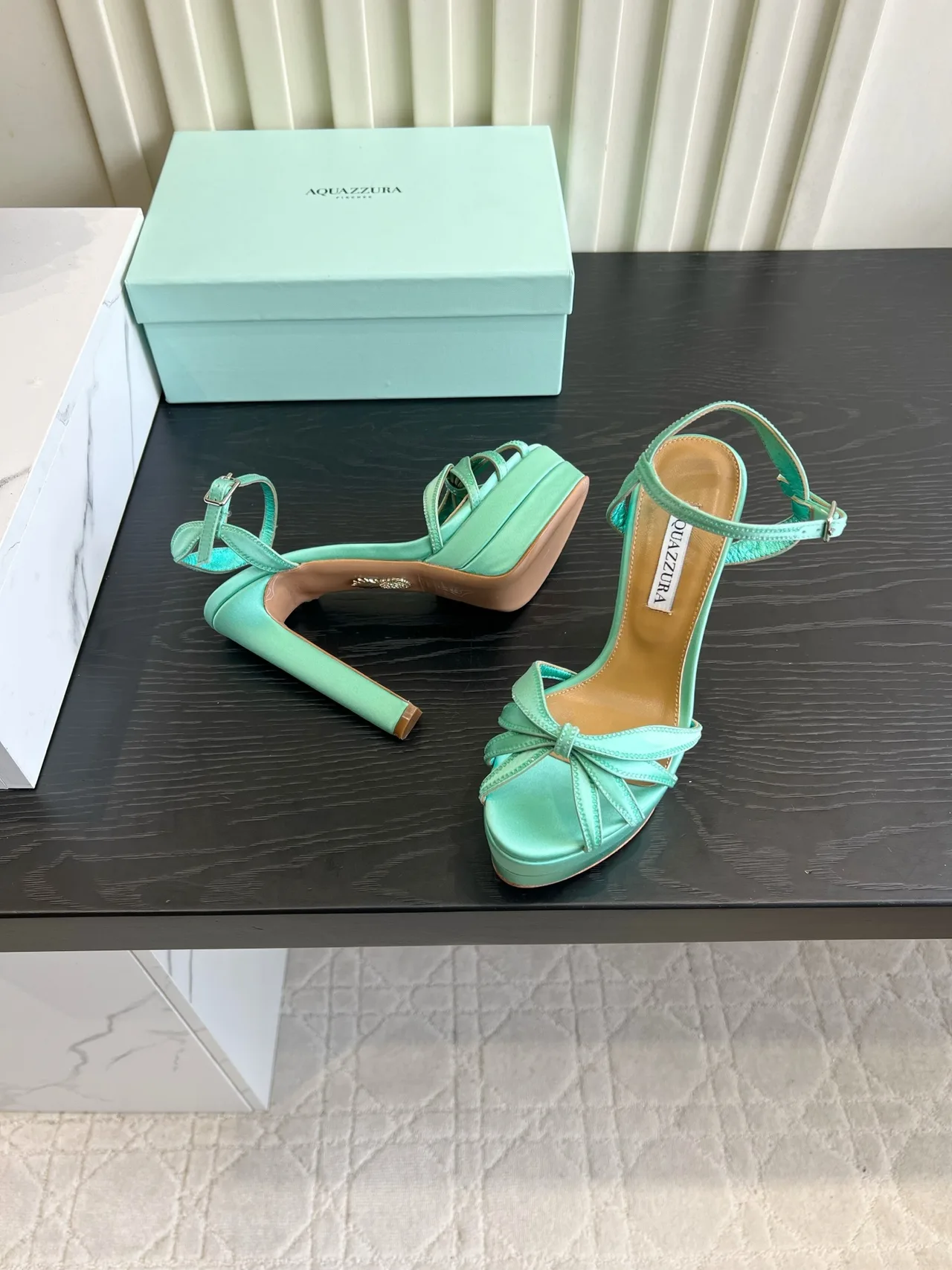 Aquazzura Silk Bow Platform Heeled Sandals in Green · view 4