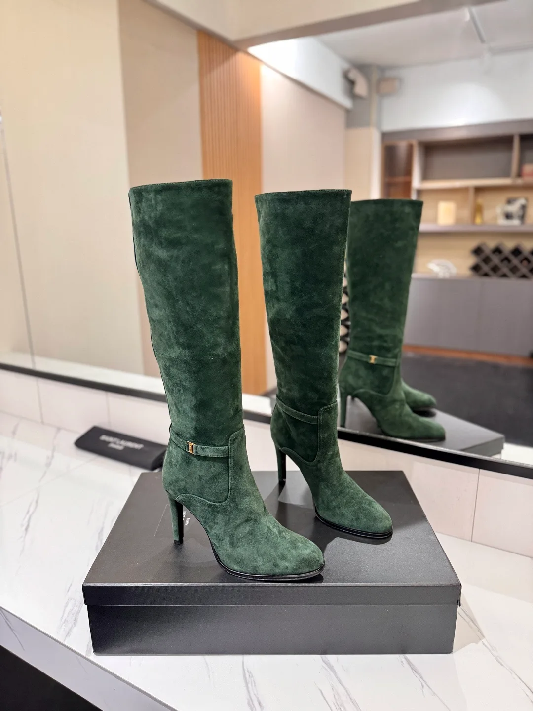 Saint Laurent Cowhide Sheepskin Suede-Look Pointed-Toe Buckle Boots in Green · view 1