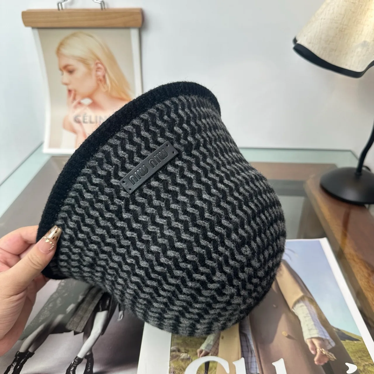 Miu Miu Chevron Knit Bucket Hat in Black · view 7