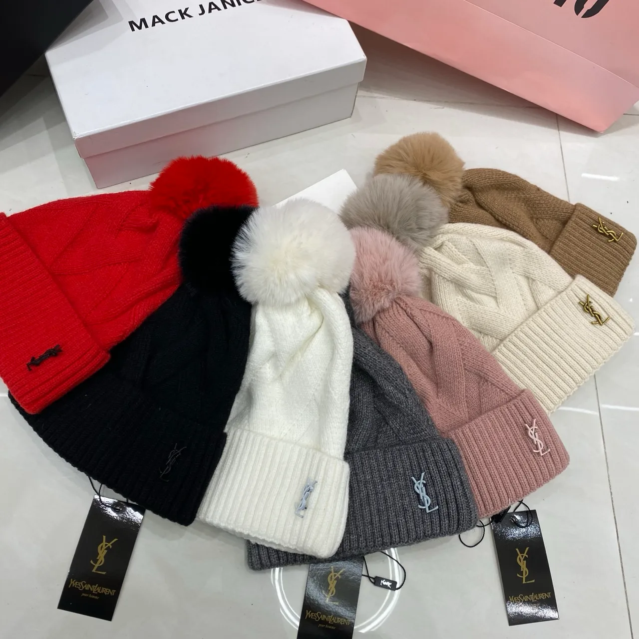 Saint Laurent Cable Pom Beanie in Black & White & Beige & Brown & Pink & Grey & Red · view 8