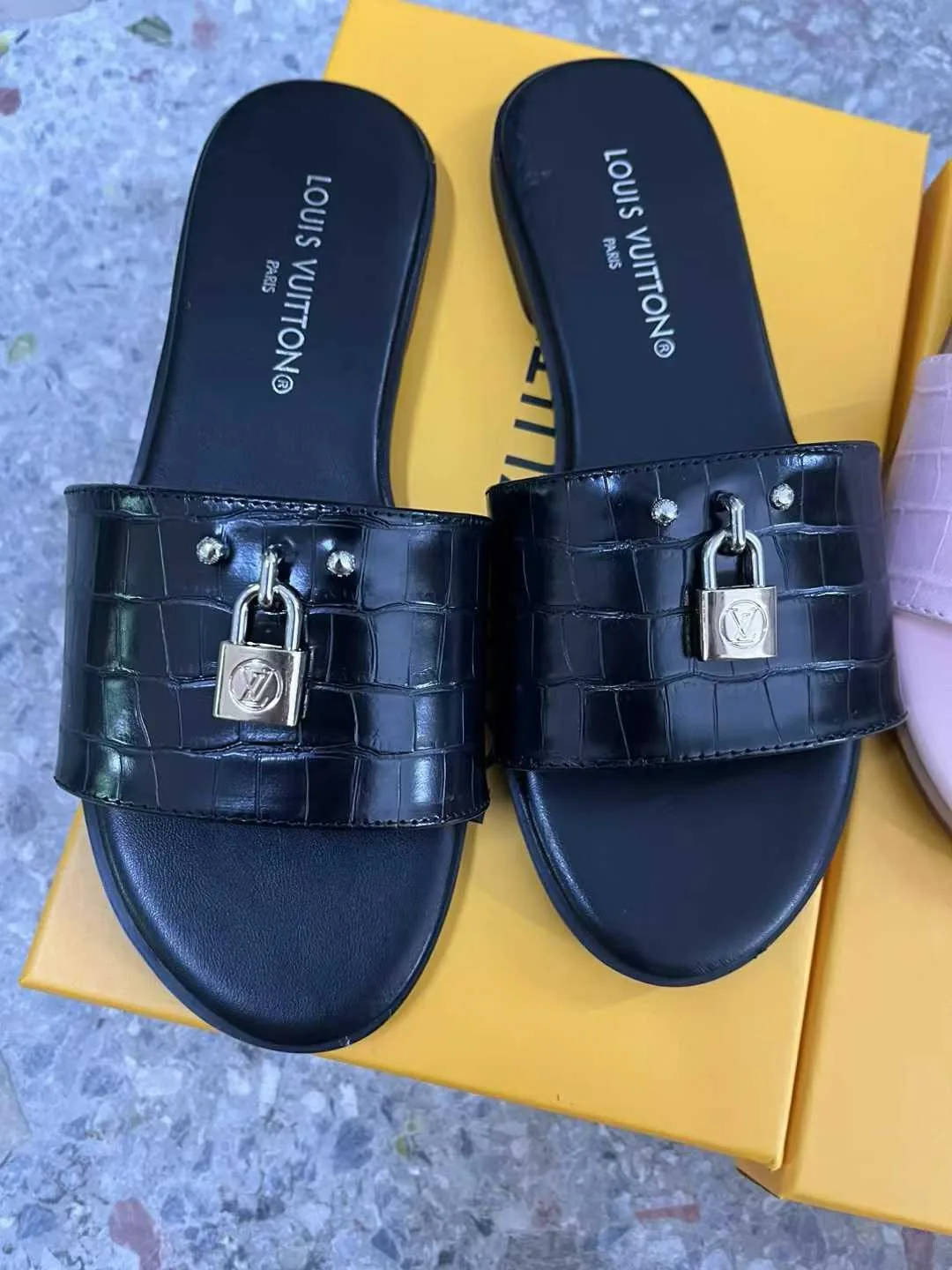 Louis Vuitton Lock Slides in Black & Brown & Pink · view 1
