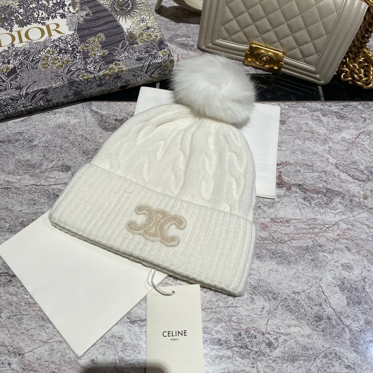 Celine Triomphe Pom Beanie in Black & White & Grey & Brown & Blue & Red & Pink · view 8