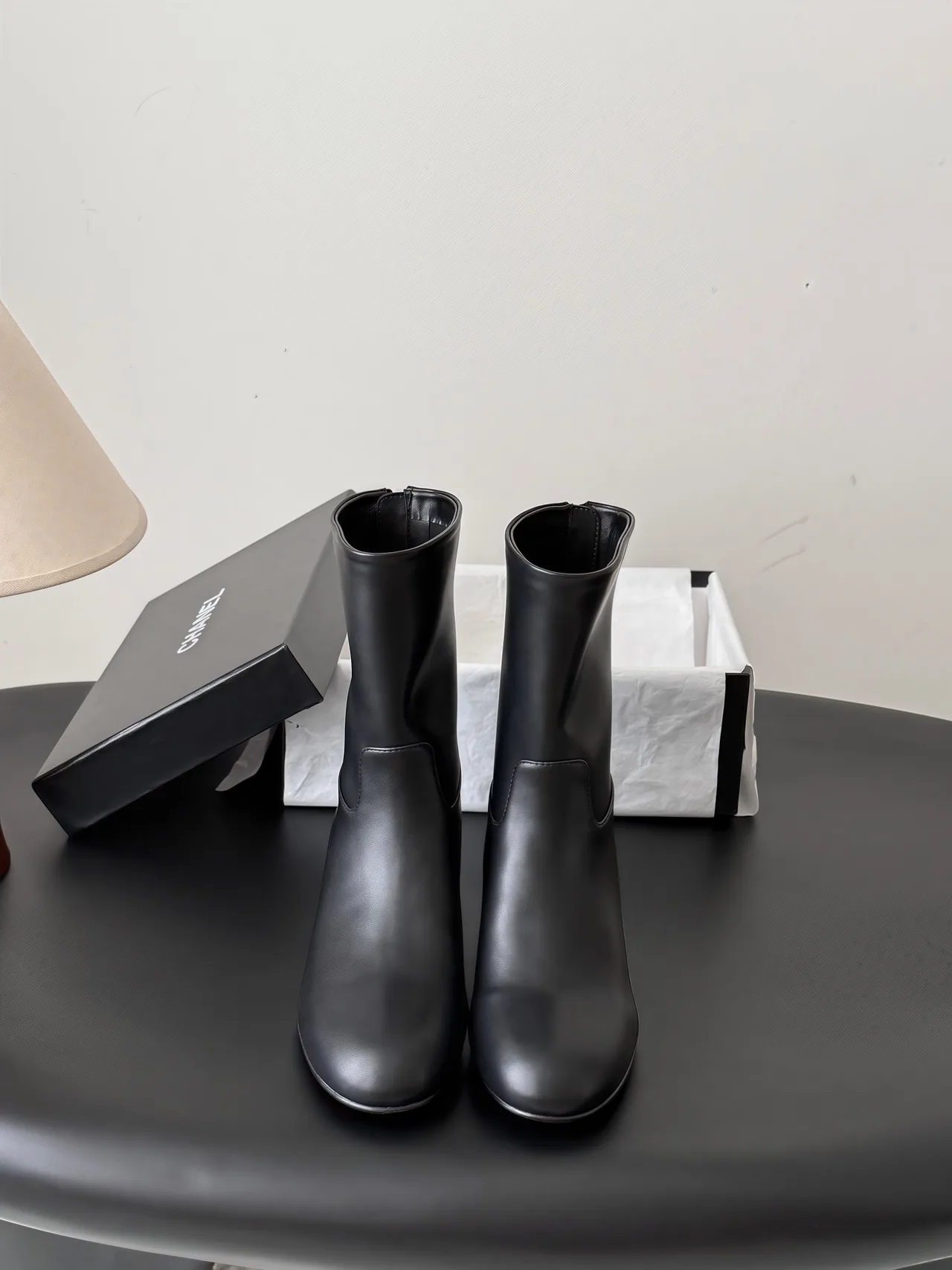 Chanel Sheepskin Glossy Round-Toe Boots in Black · view 1