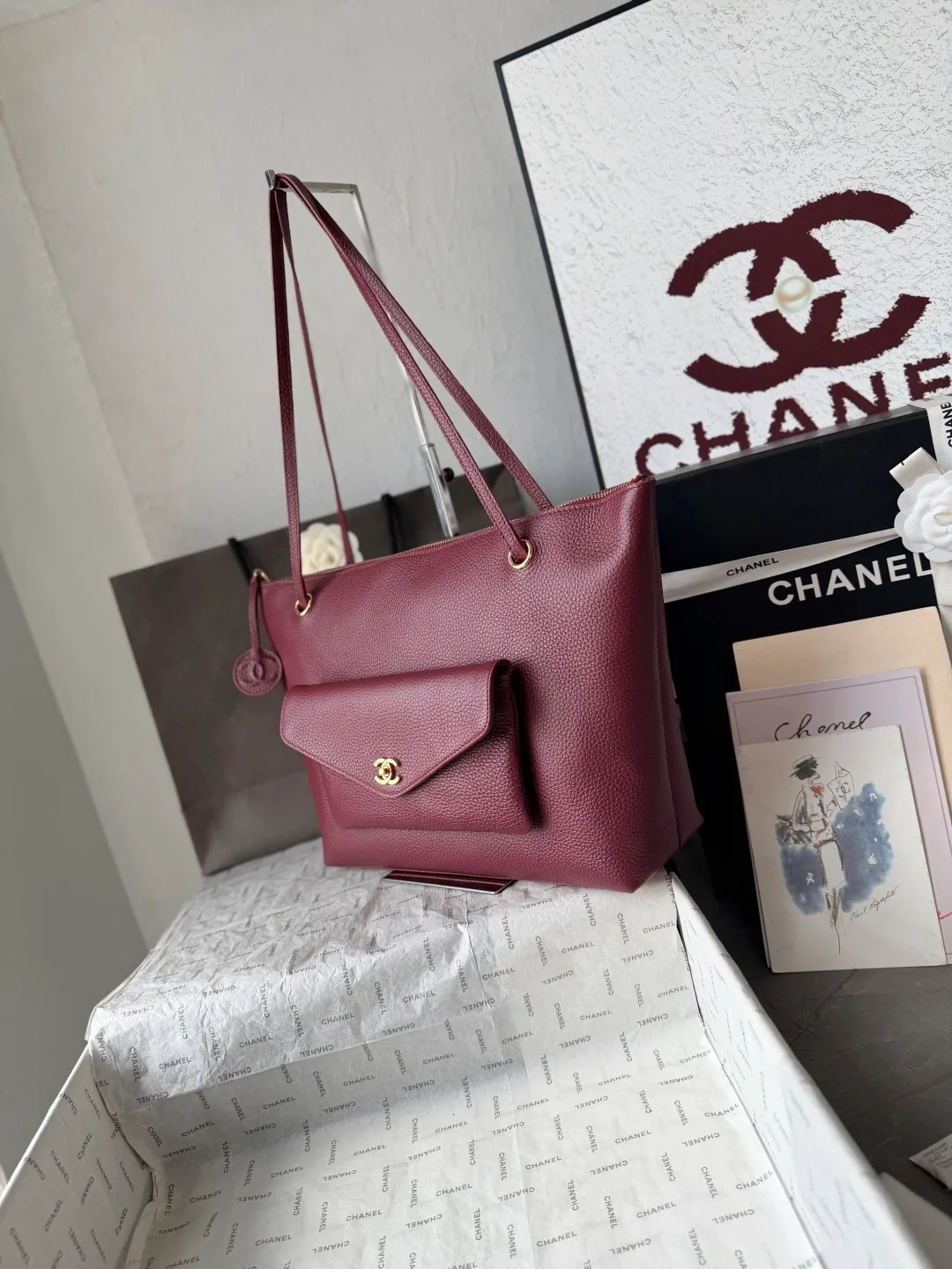 Chanel Leather Smooth Tote in Burgundy · view 3