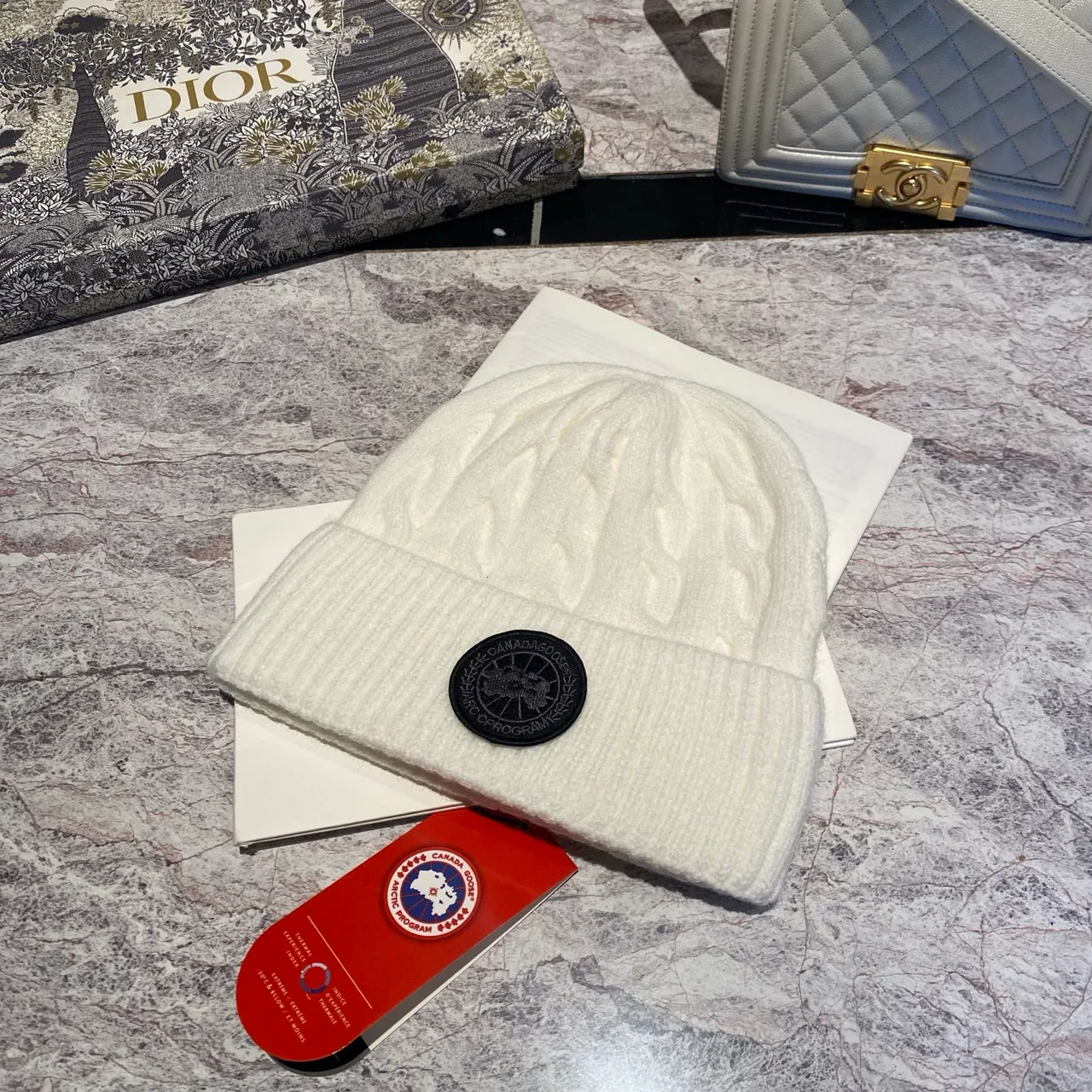 Canada Goose Cable-knit logo beanie in Black & Grey & White & Tan & Cream & Blue & Pink & Burgundy · view 3