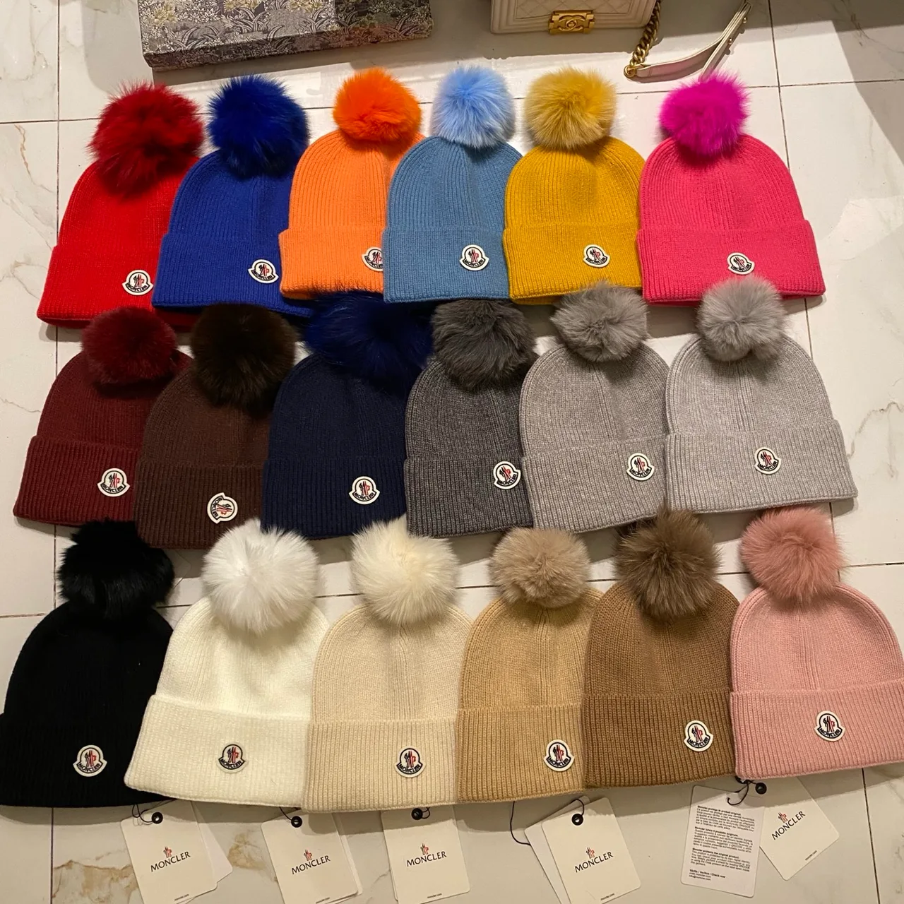 Moncler Pom Beanie in Red & Blue & Orange & Yellow & Pink & Burgundy & Brown & Grey & Black & White & Beige · view 1