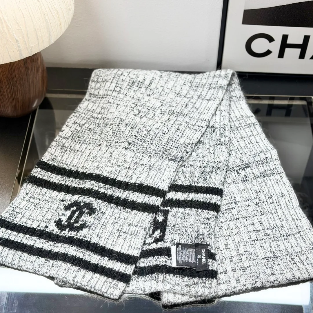 Chanel Wool Striped Beanie and Scarf Set in Grey · view 3