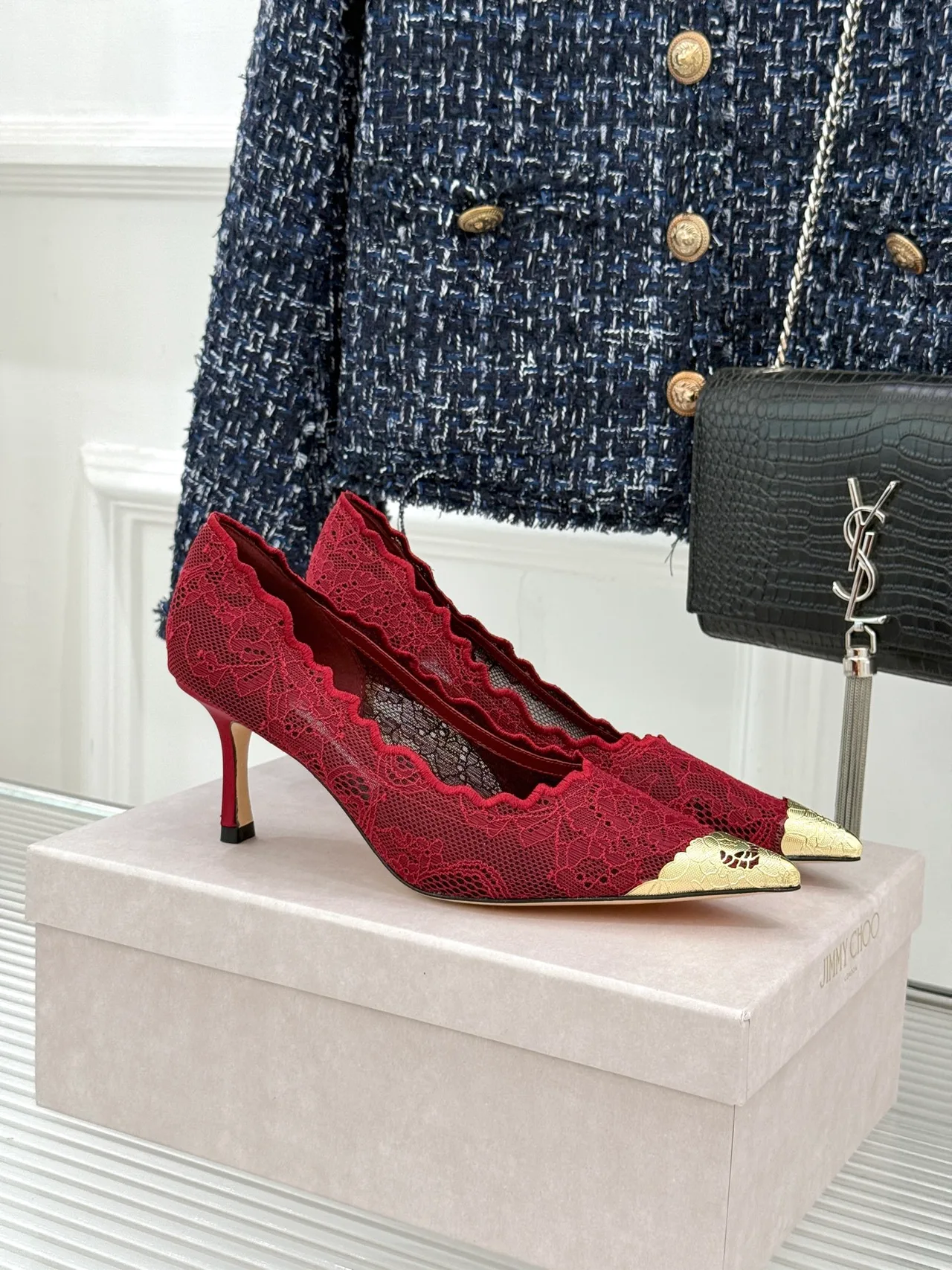 Jimmy Choo Pointed-Toe Lace Heel Pumps in Burgundy · view 2