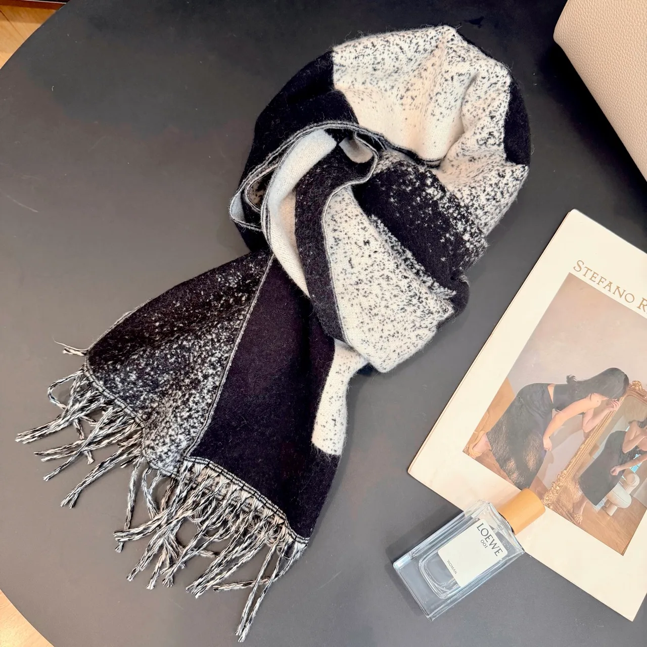 Chanel Cashmere Large Letter Fringed Scarf in Black · view 2
