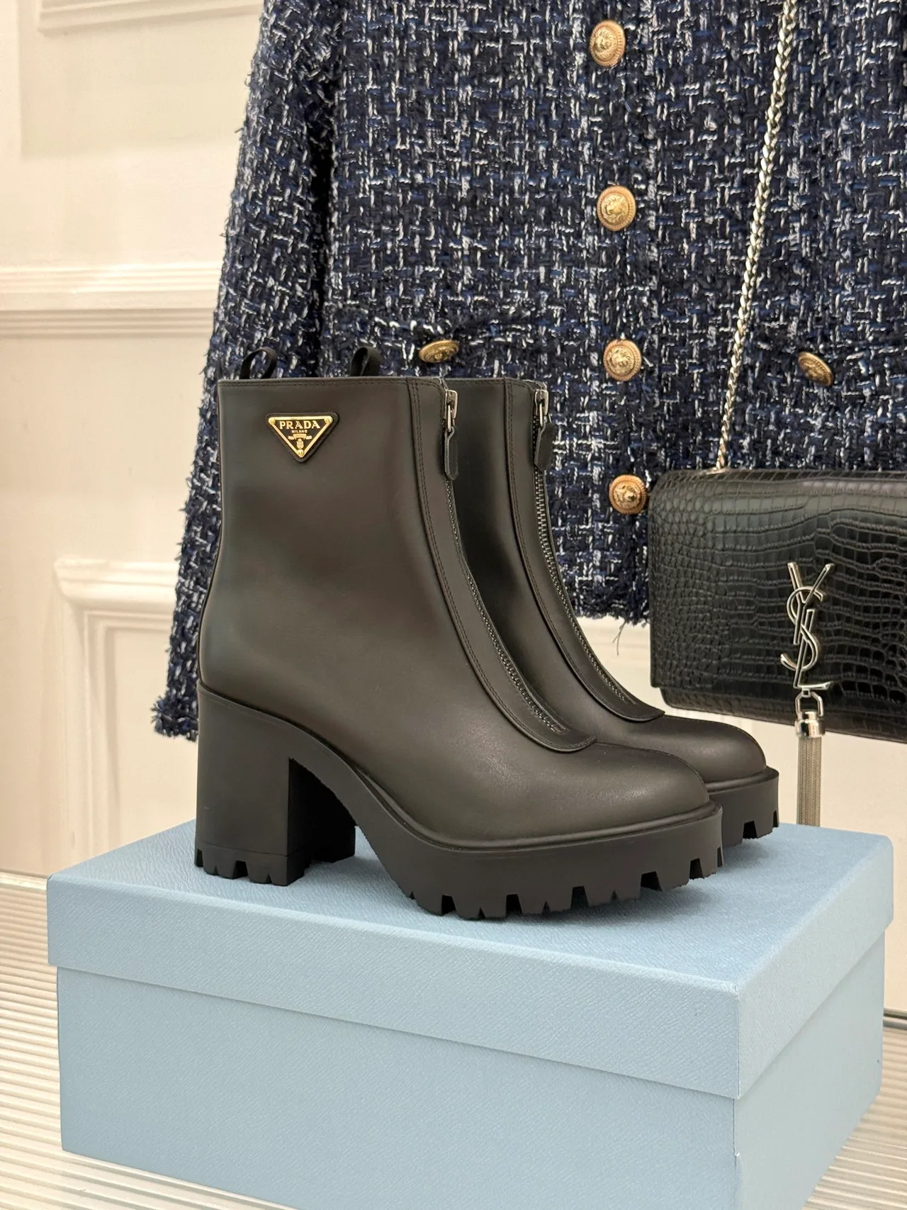 Prada Denim Glossy Front-zip ankle boots in Black · view 1