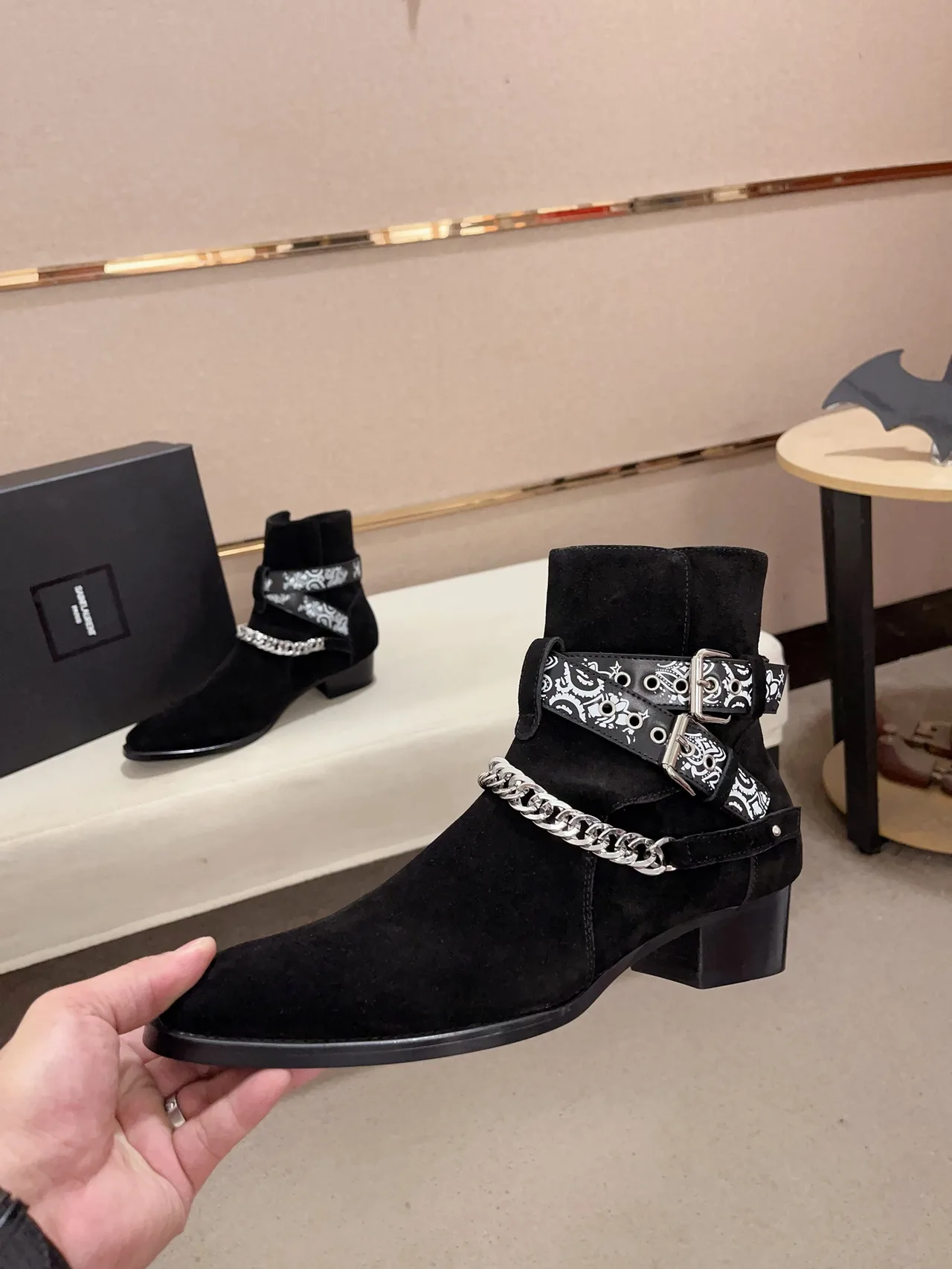 AMIRI Cowhide Suede-Look Pointed-Toe Bandana Strap Ankle Boots in Black · view 3