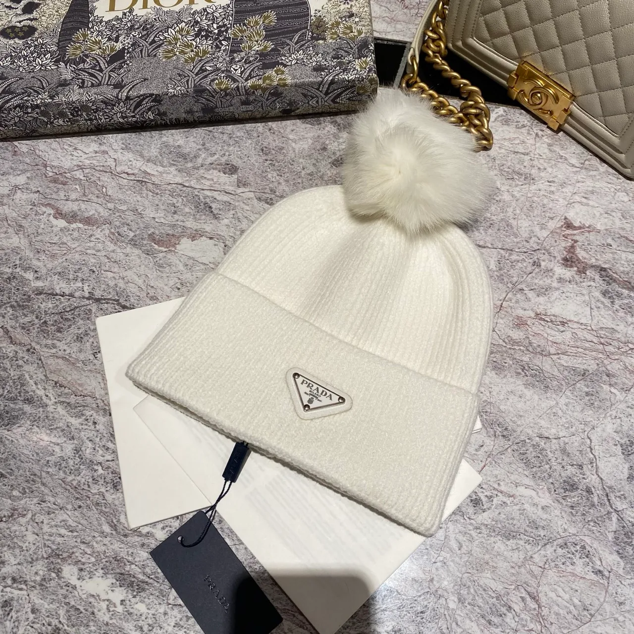 Prada Pom-Pom Beanie in Black & White & Cream & Tan & Grey & Red · view 2