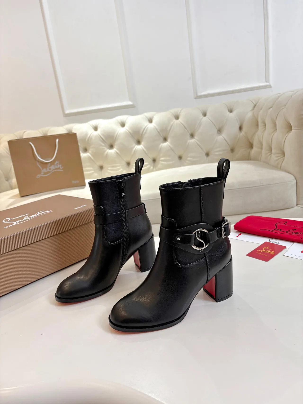 Christian Louboutin Calfskin Glossy Buckle Ankle Boots in Black · view 2