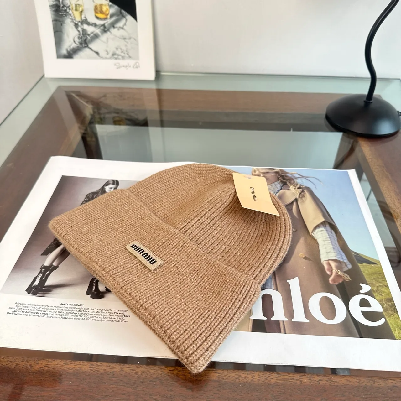 Miu Miu Ribbed Beanie in Tan · view 2