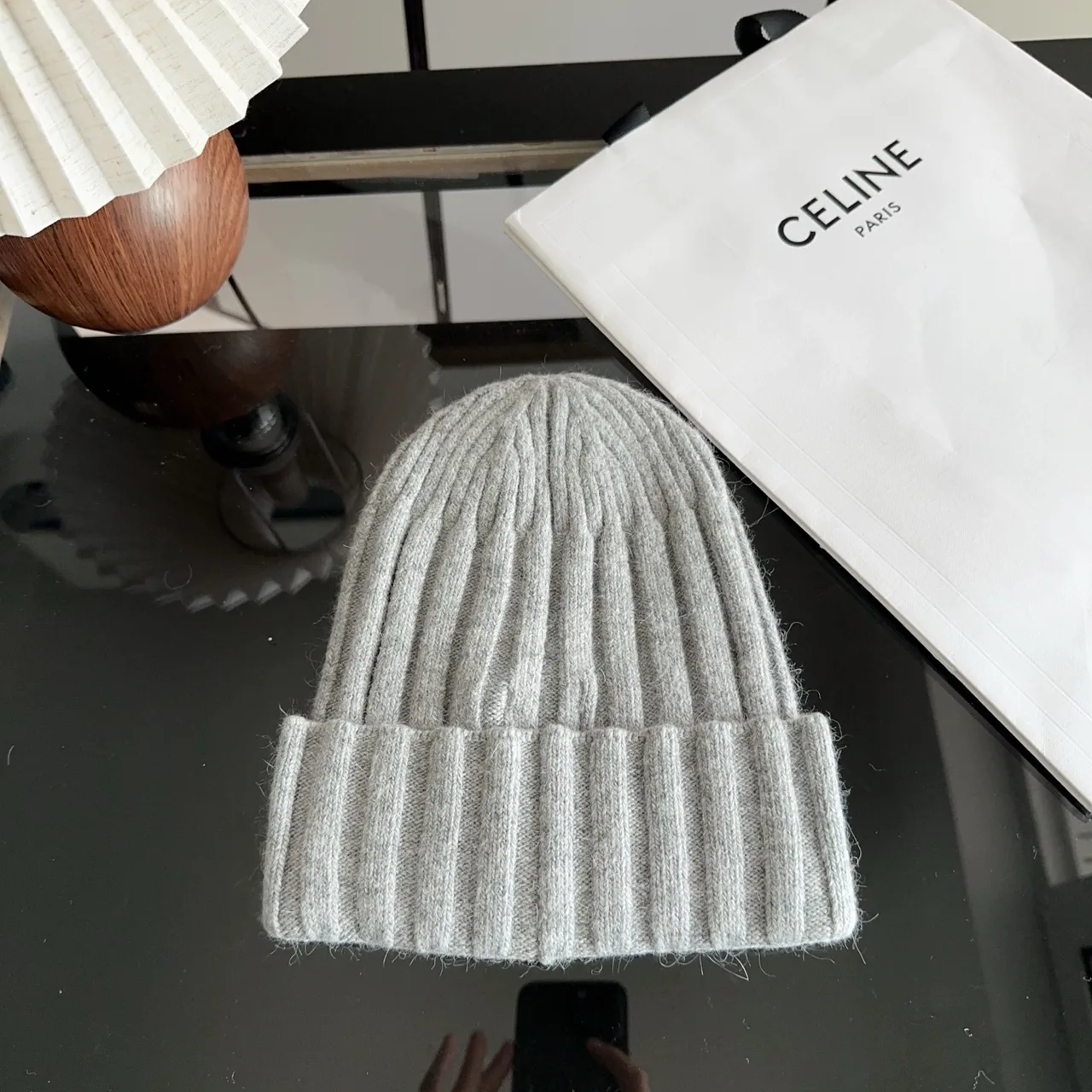 Celine Ribbed Beanie in Grey · view 6