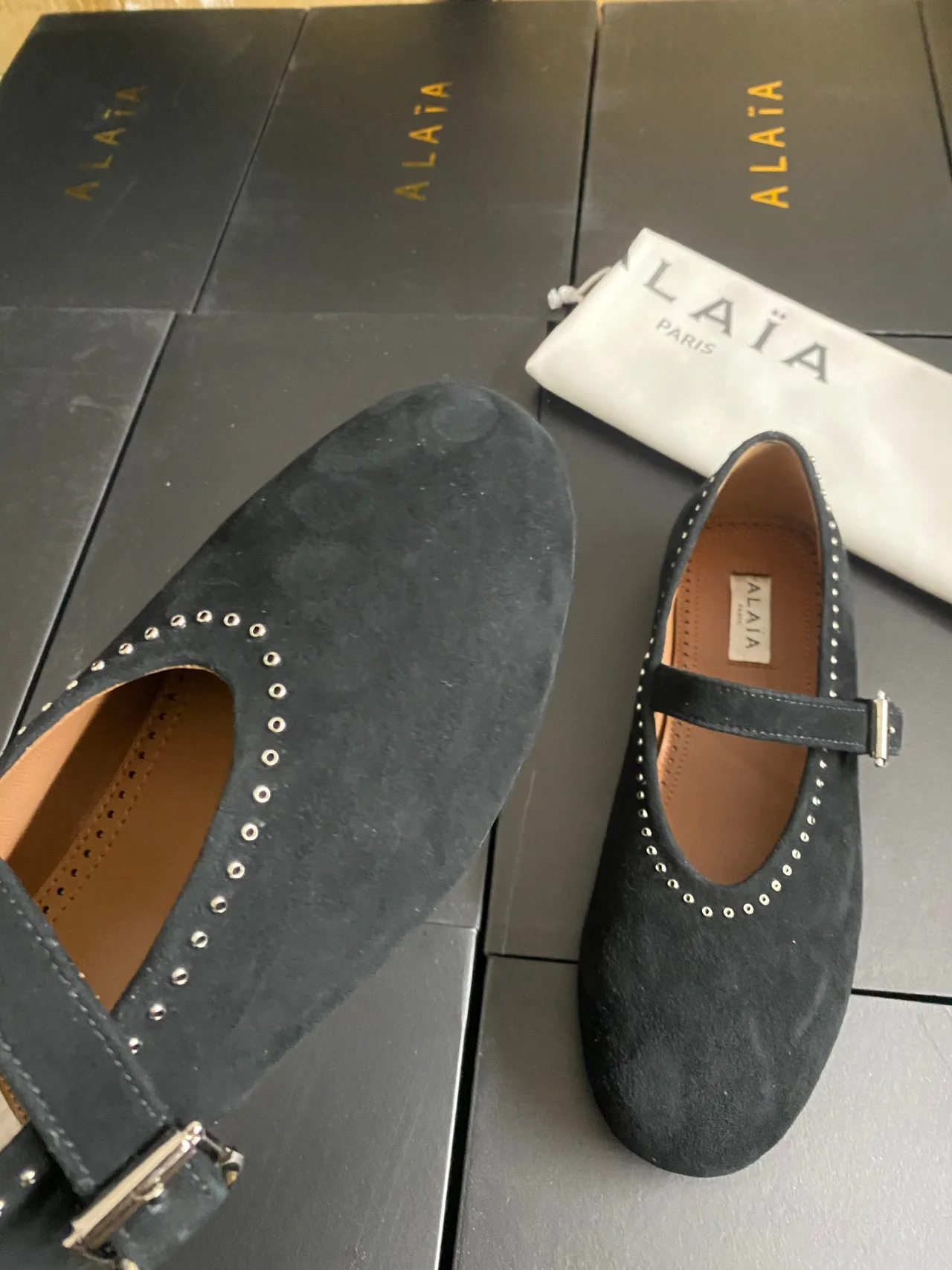 Alaia Cowhide Sheepskin Suede-Look Buckle Ballet Flats in Black · view 8