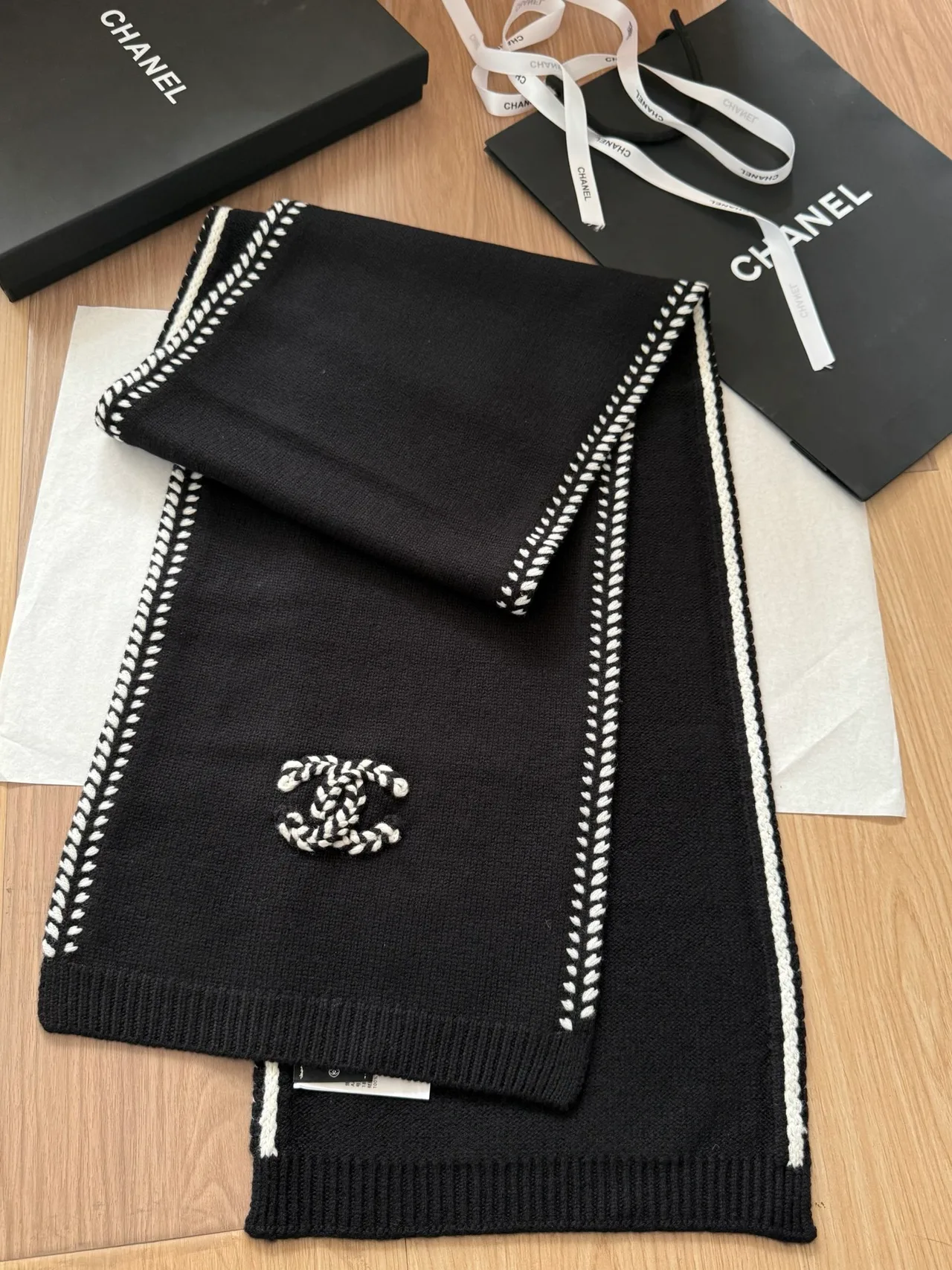 Chanel Contrast-Stitch Fringed Scarf in Black & White · view 4