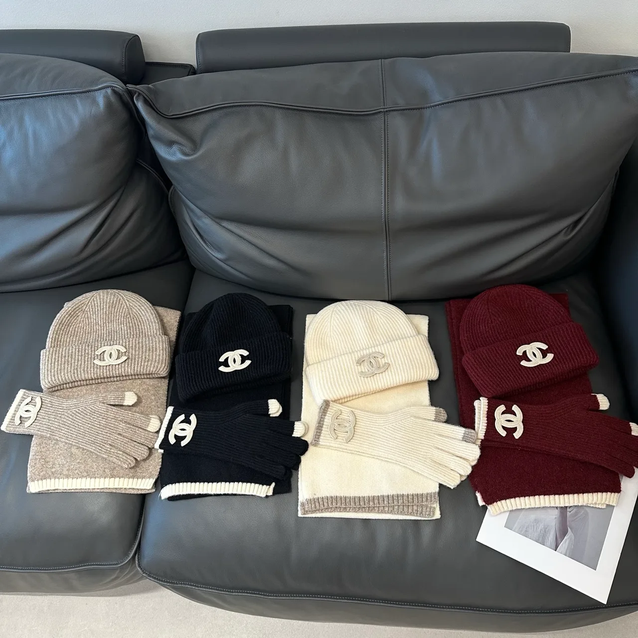 Chanel Hat scarf and gloves knit set in Burgundy & Cream & Black & Beige · view 5