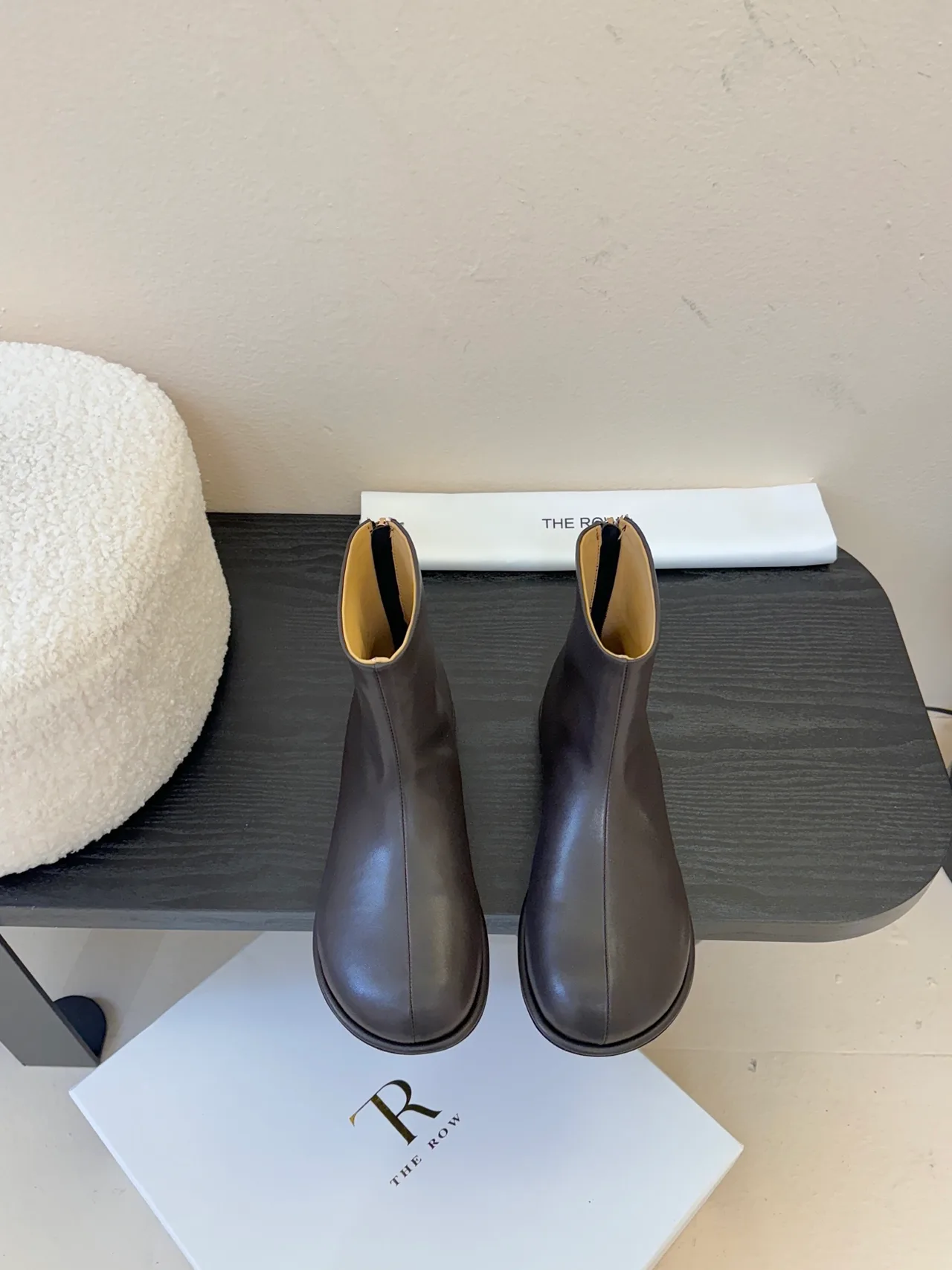 The Row Cowhide Glossy Round-Toe Chelsea Ankle Boots in Brown · view 1