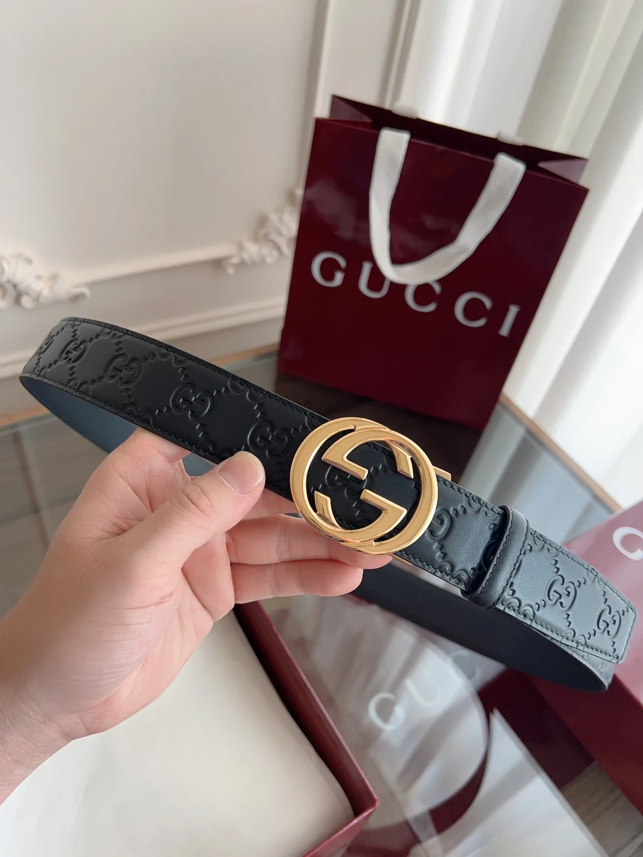 Gucci Cowhide GG Automatic Belt in Black · view 6
