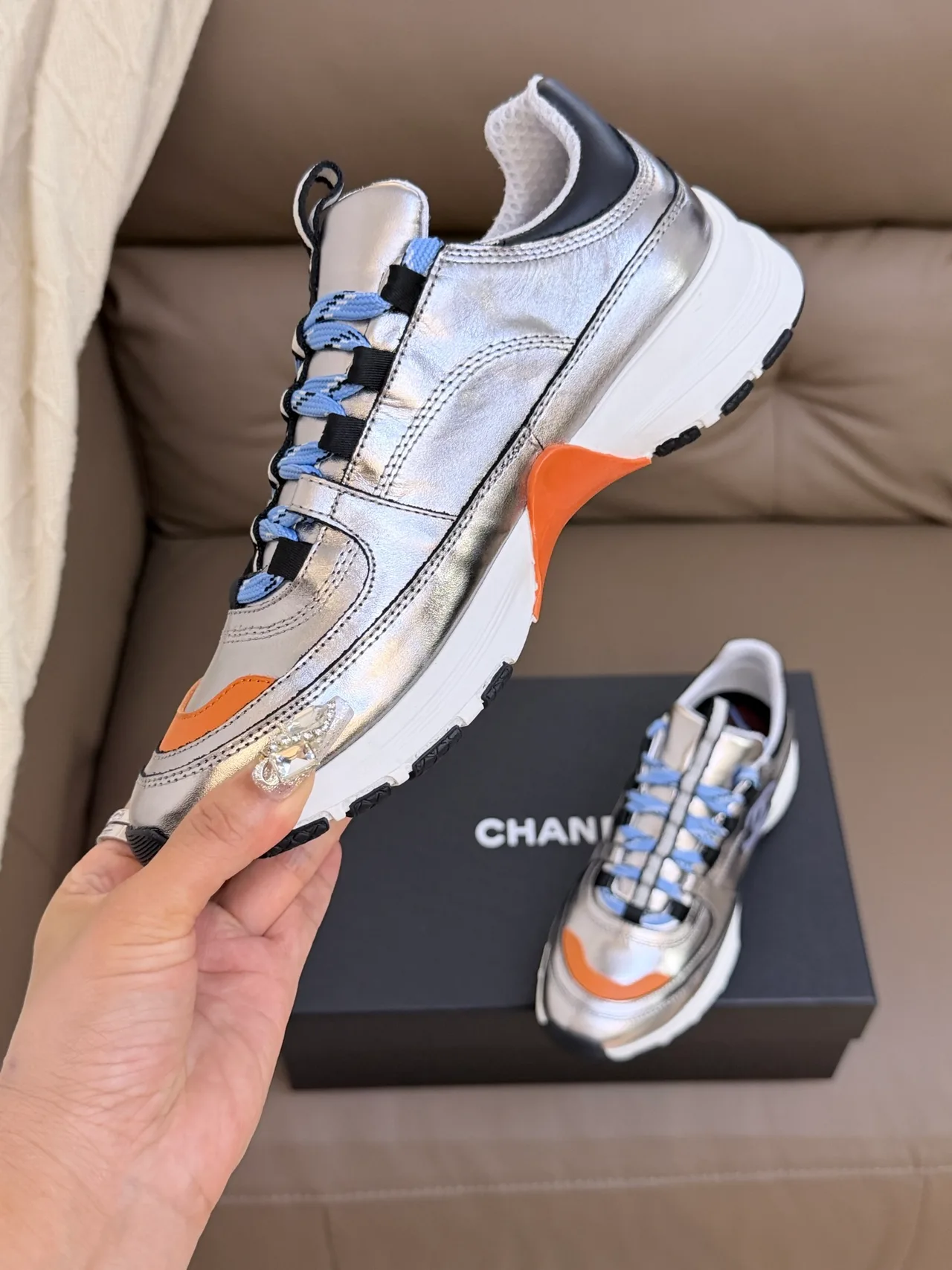 Chanel Cowhide Sheepskin Lace-Up Sneakers in Silver · view 8