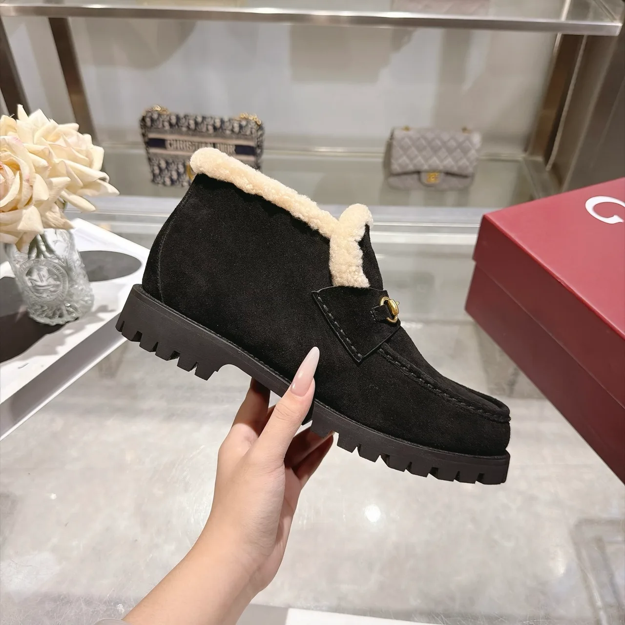 Cowhide Suede-Look Buckle Horsebit Lined Ankle Boots in Black · view 5