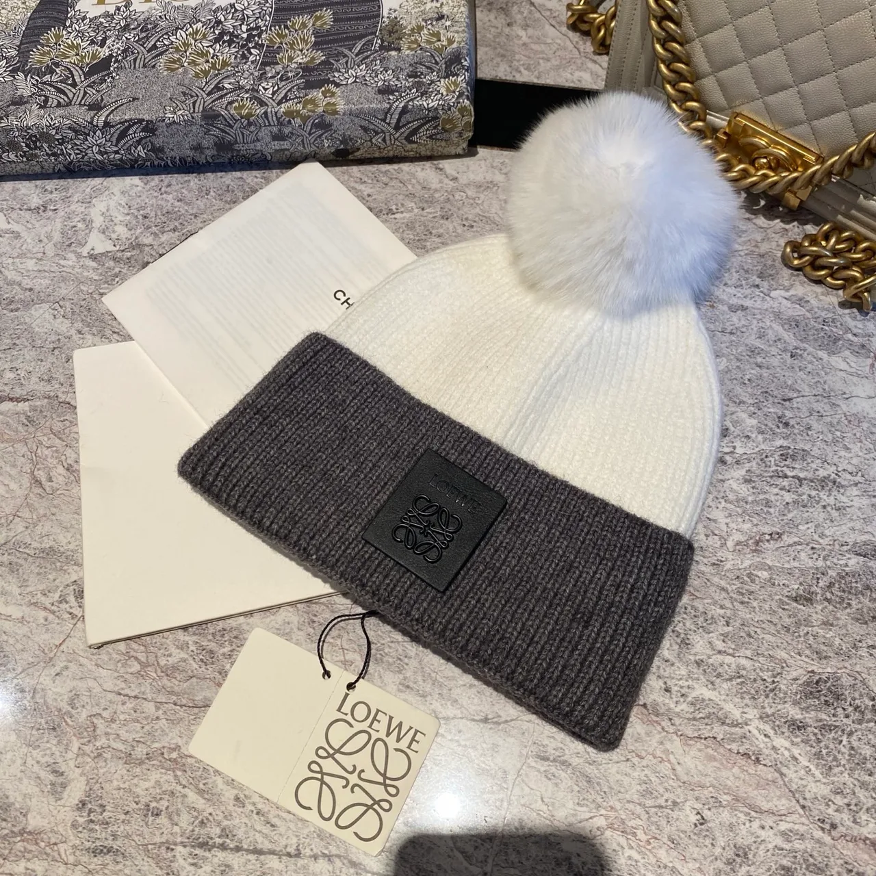 Loewe Colorblock Pom Beanie in Black & White & Brown · view 2