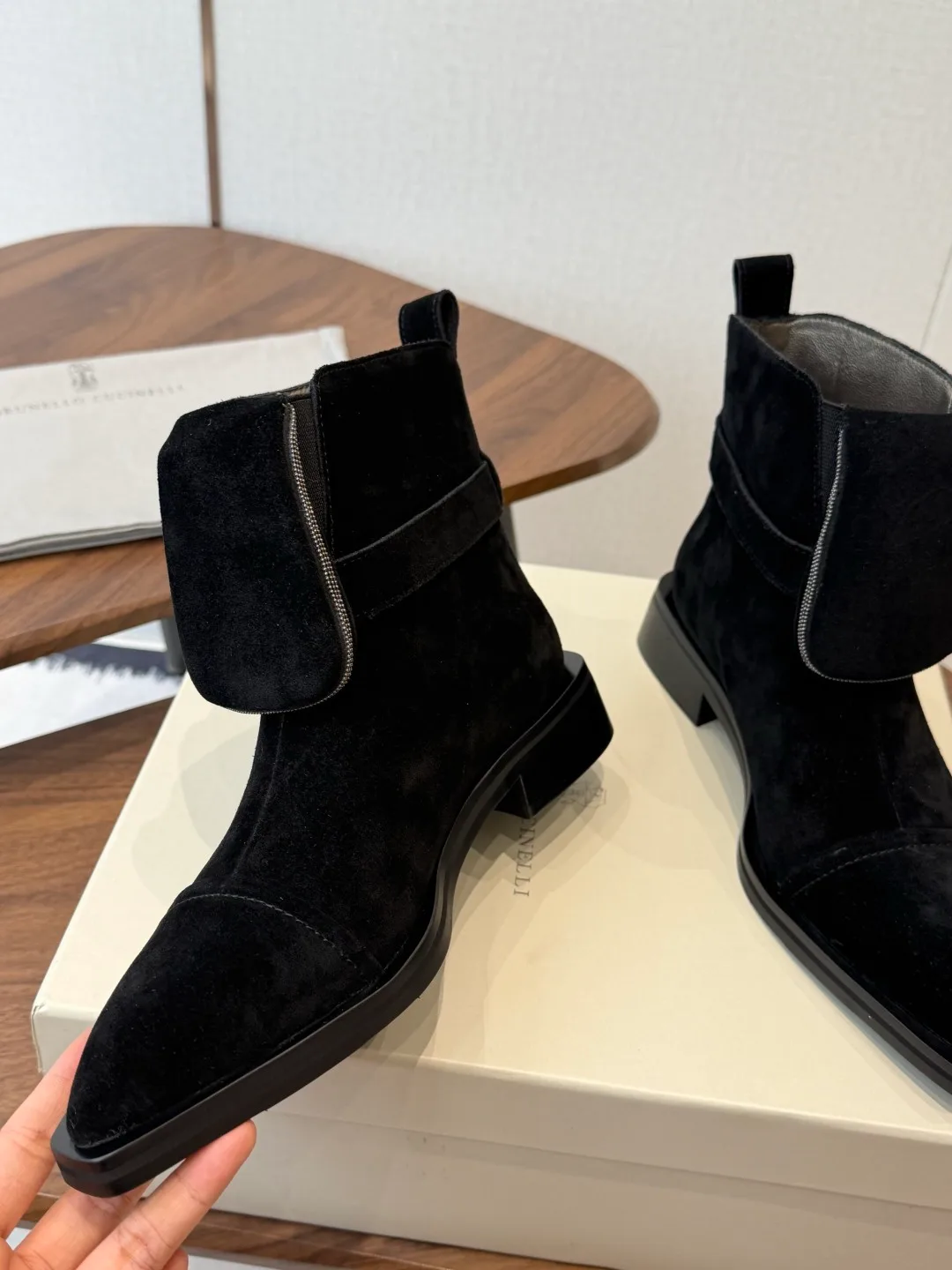 Brunello Cucinelli Pointed-Toe Suede Ankle Boots in Black · view 5