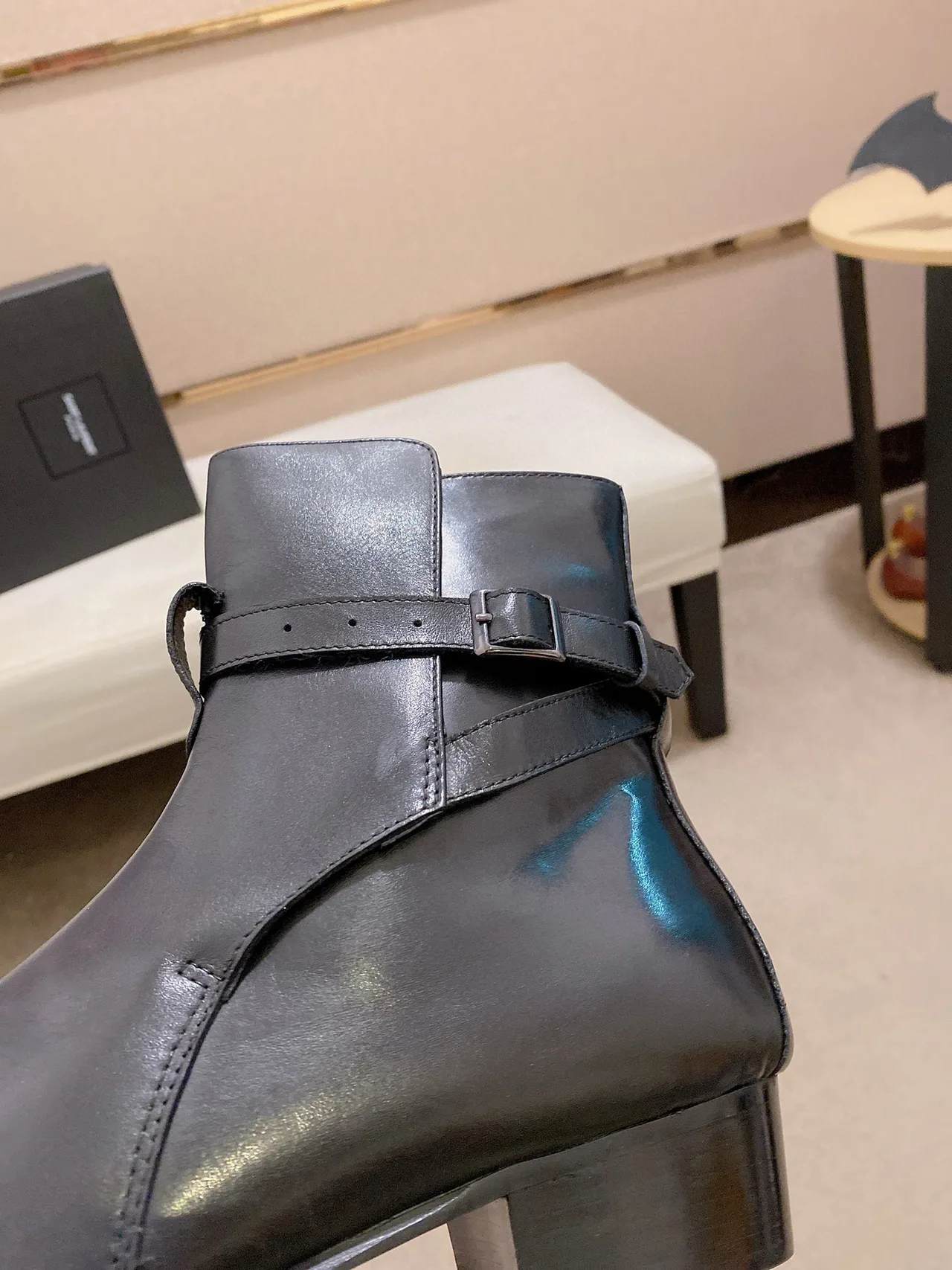 Saint Laurent Cowhide Glossy Pointed-Toe Buckle Ankle Boots in Black · view 8