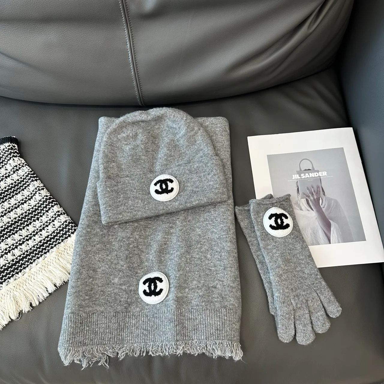 Chanel Hat Scarf and Gloves Set in Black & Grey & Beige & White · view 6