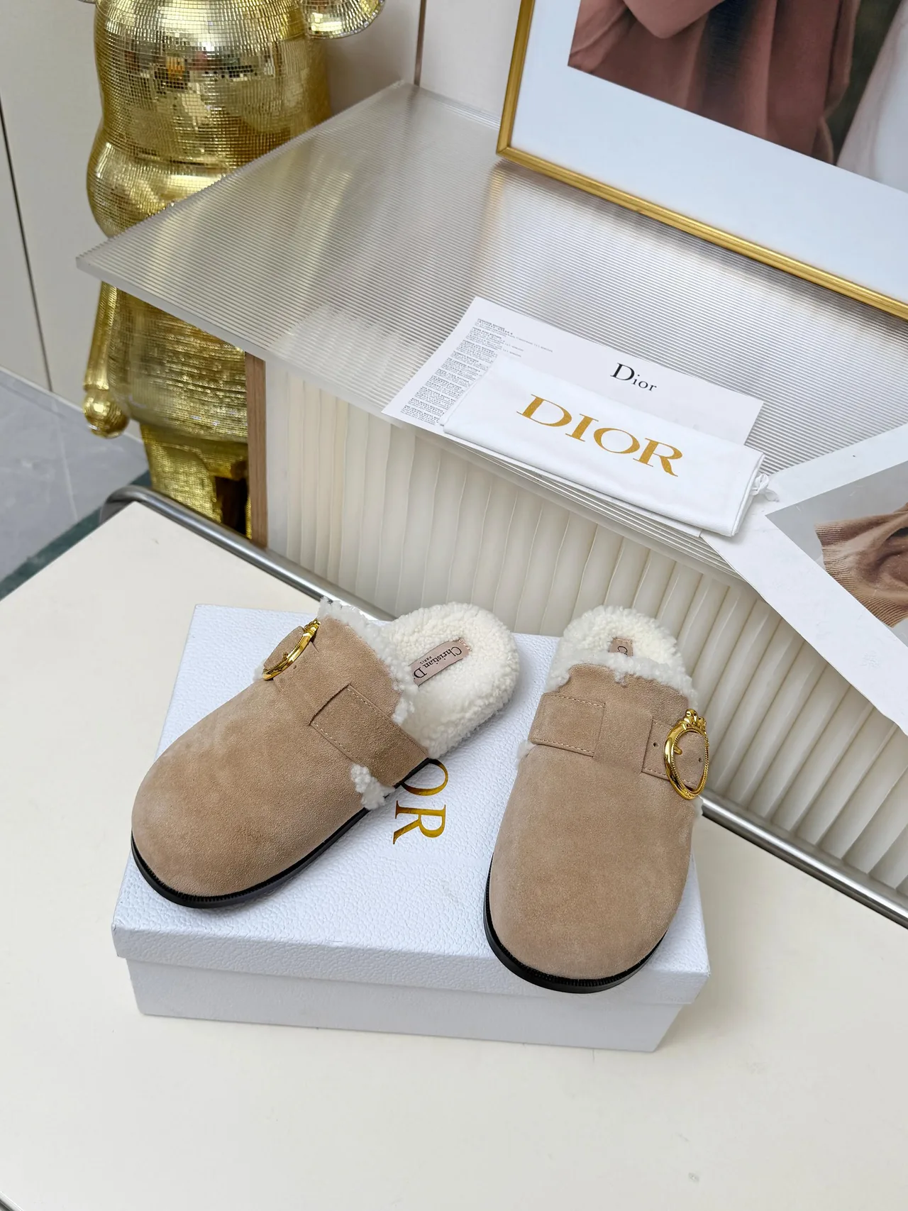 Dior Buckle-trim lined mules in Beige & Black & Tan · view 3