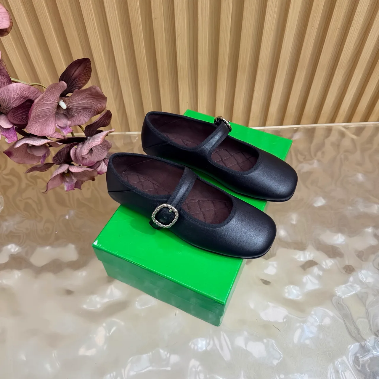 Bottega Veneta Sheepskin Quilted Buckle Mary Jane Flats in Black · view 2