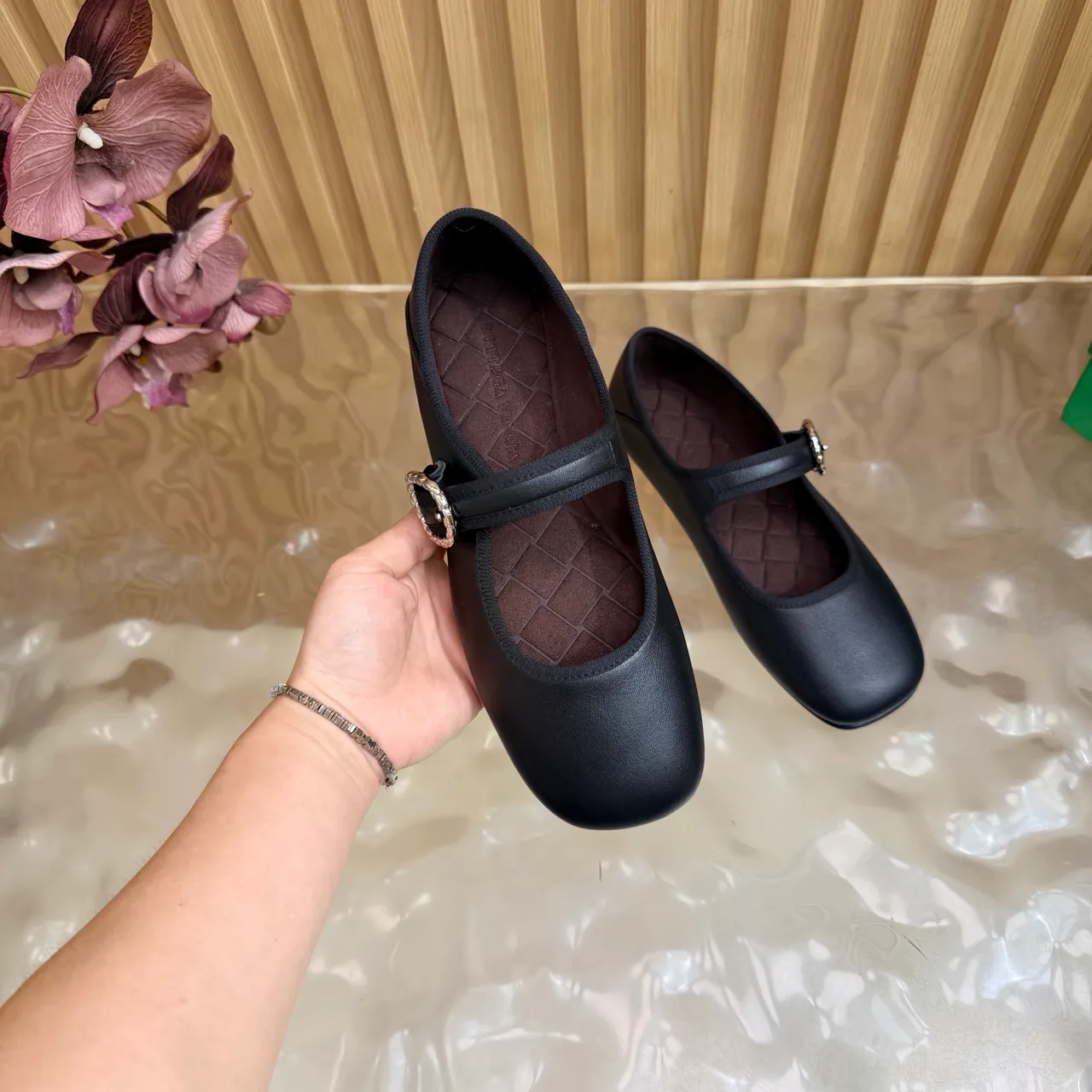 Bottega Veneta Sheepskin Quilted Buckle Mary Jane Flats in Black · view 6