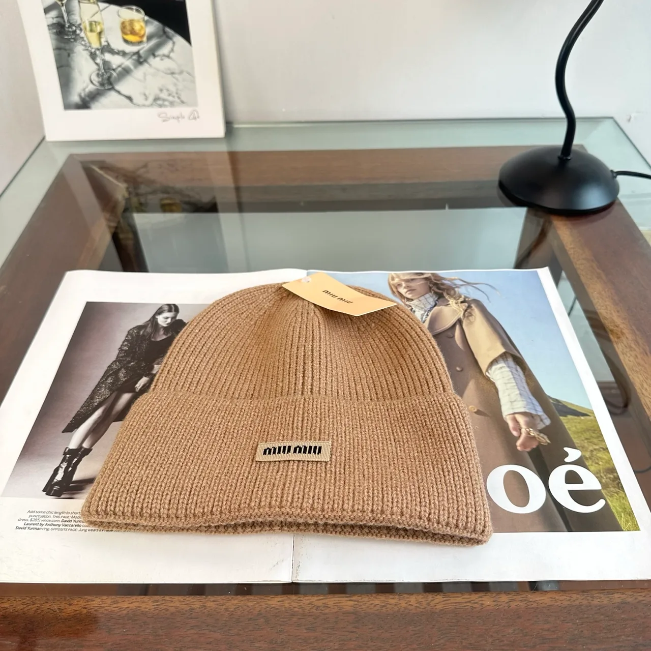 Miu Miu Ribbed Beanie in Tan · view 1